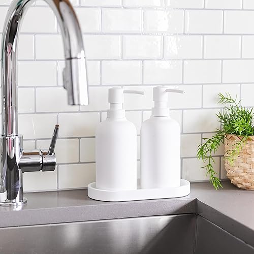 Miniatura 7 de Juego de dispensador de jabón blanco mate con bandeja, paquete de 2 dispensadores de jabón líquido de 15 oz redondos a prueba de óxido con bandeja