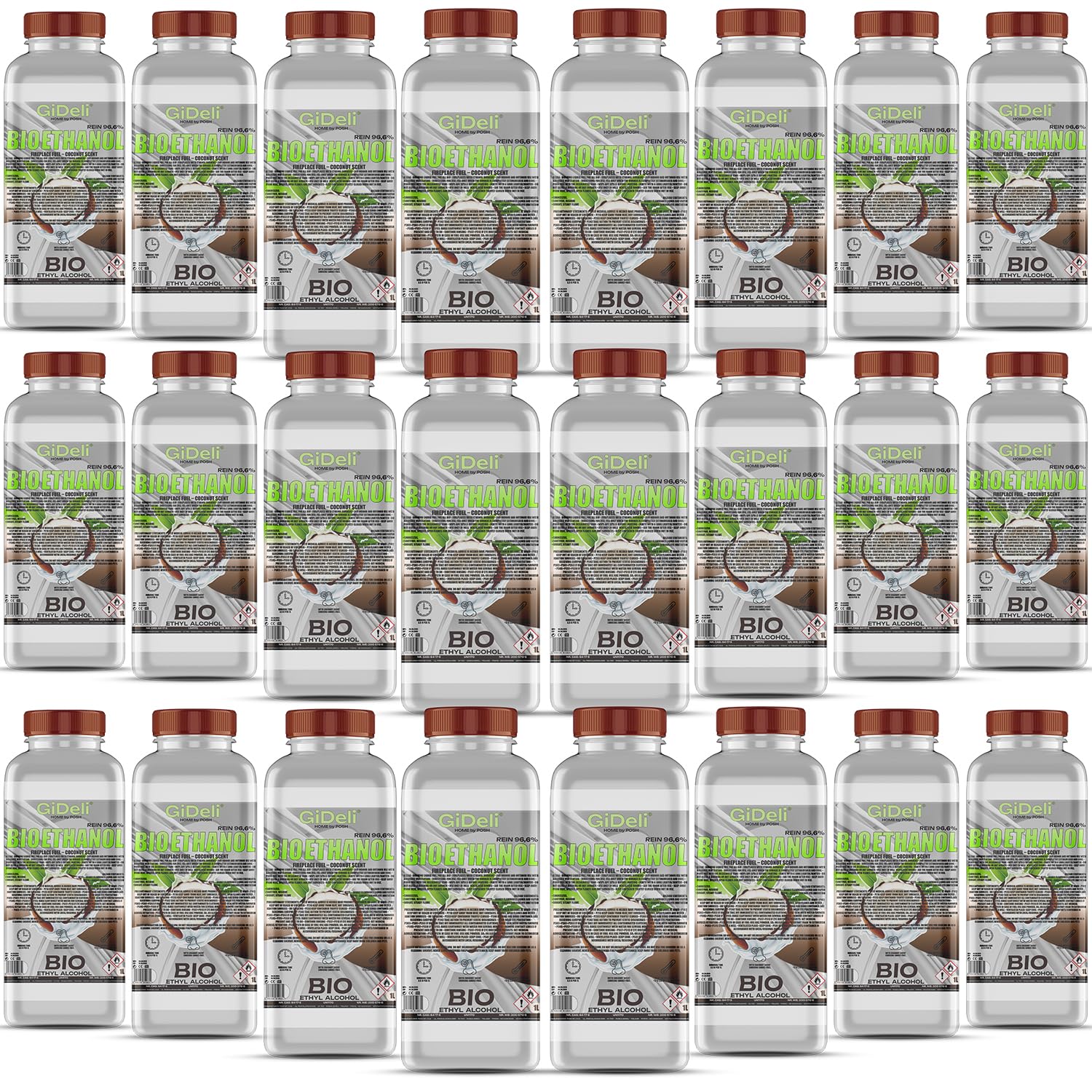 GiDeli Bioetanolo 24 x 1 l profumo di cocco 96,6% etanolo per camini interni ed esterni, senza fumo e fuliggine, da mais e barbabietola da zucchero
