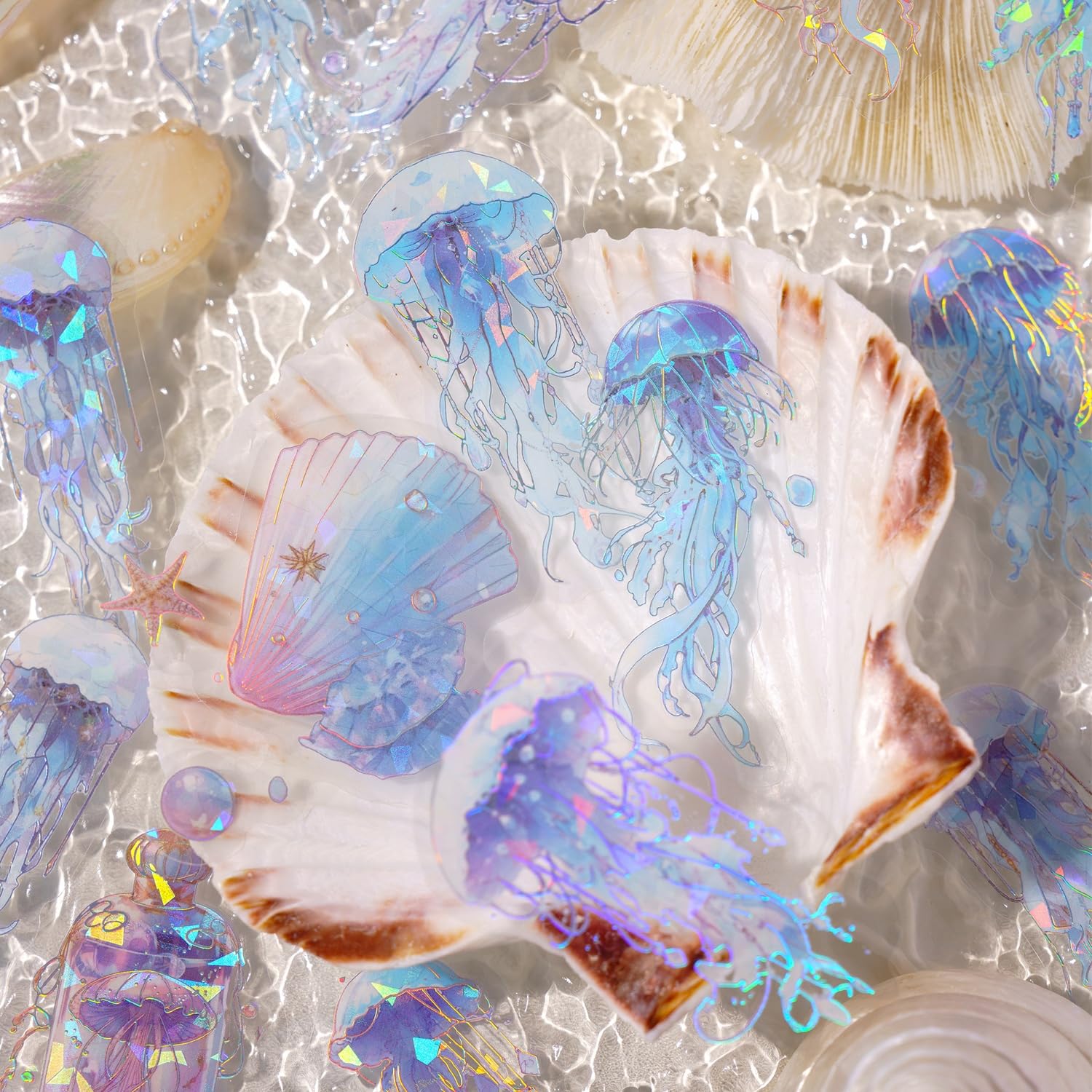 120 szt. fantazyjnych brokatowych srebrnych naklejek foliowych, 6 sztuk, oceaniczne życie, wodoodporne holograficzne naklejki do scrapbookingu, pocisków, dzienników, mieszanych mediów, projektów