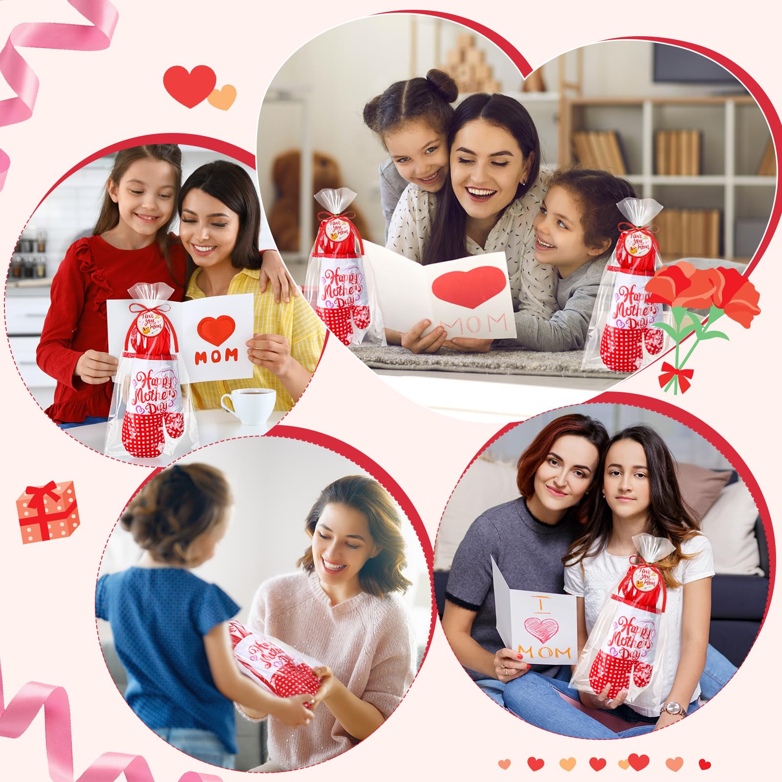 Maxdot Juego de 42 manoplas de horno y soportes para ollas para el Día de la Madre, color rojo, de 10 pulgadas, con tarjeta de regalo, el mejor regalo de cocina para mamá