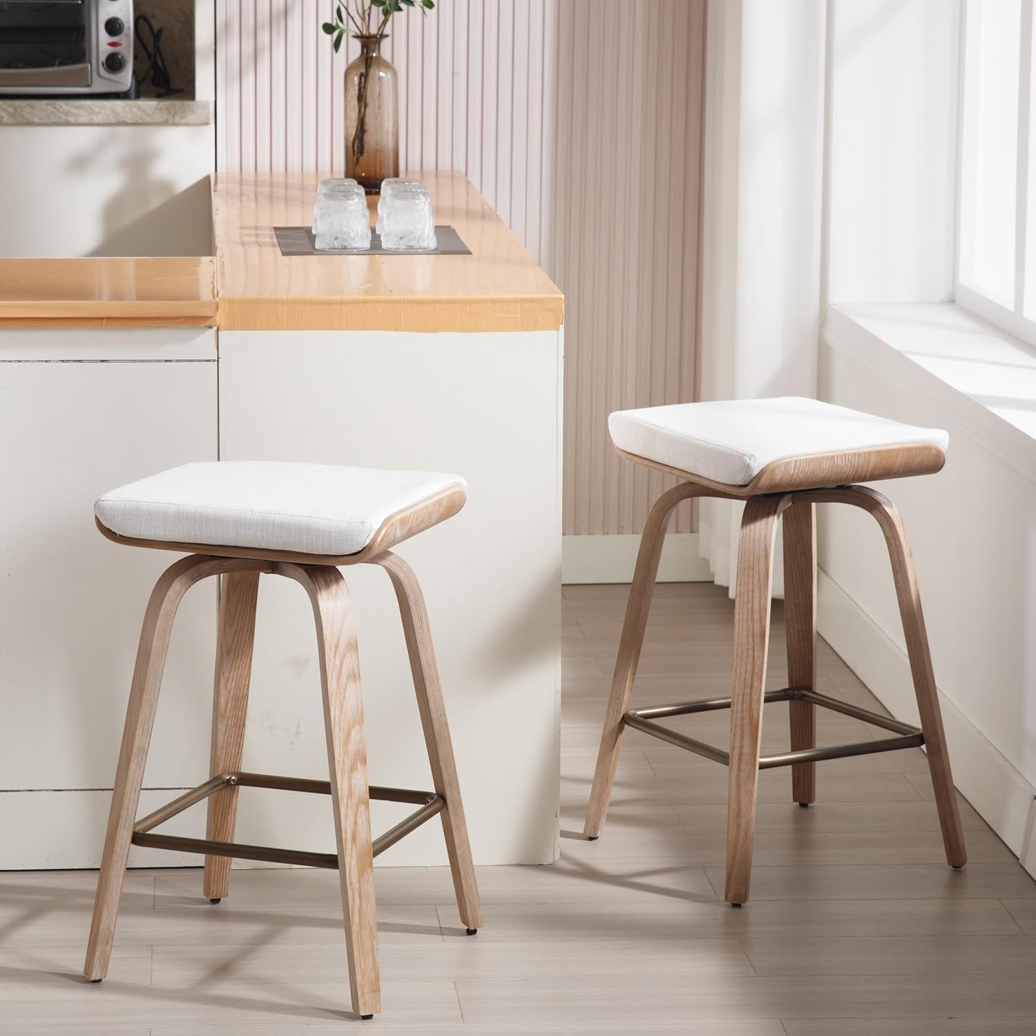 RIVOVA Counter Height Bar Stools Set of 4, 26" Swivel Bar Stools Saddle Backless Barstools for Kitchen Counter, Linen Counter Stools with Wood Legs, Modern Kitchen Island Stools, Beige