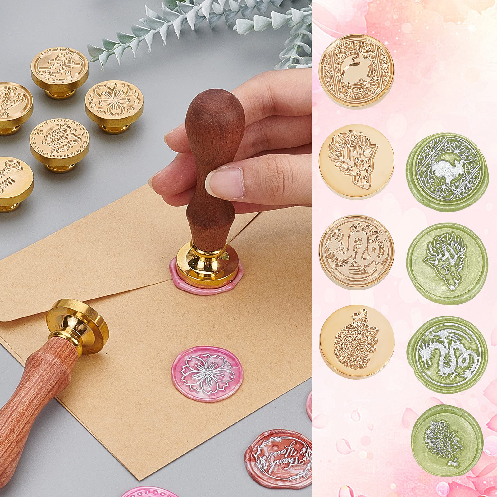 Kit 4 Tampons Sceau Cire Animaux - Têtes Laiton 25 Mm Amovibles, Poignée Bois, Pour Invitations Et Cadeaux