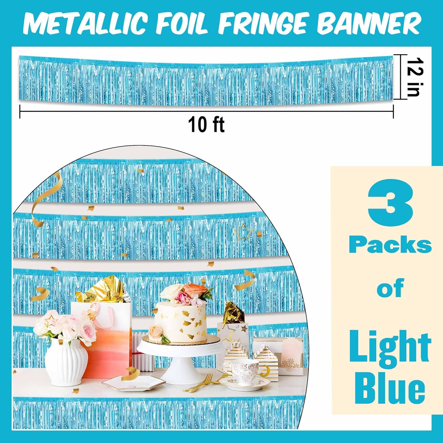 3 Pack 10 Ft Light Blue Foil Fringe Garland Metallic Streamers Tinsel Banner Wall Hanging Garland Backdrop for Parade Floats, Halloween, Christmas, Thanksgiving, New Year Party Decorations - Image 2