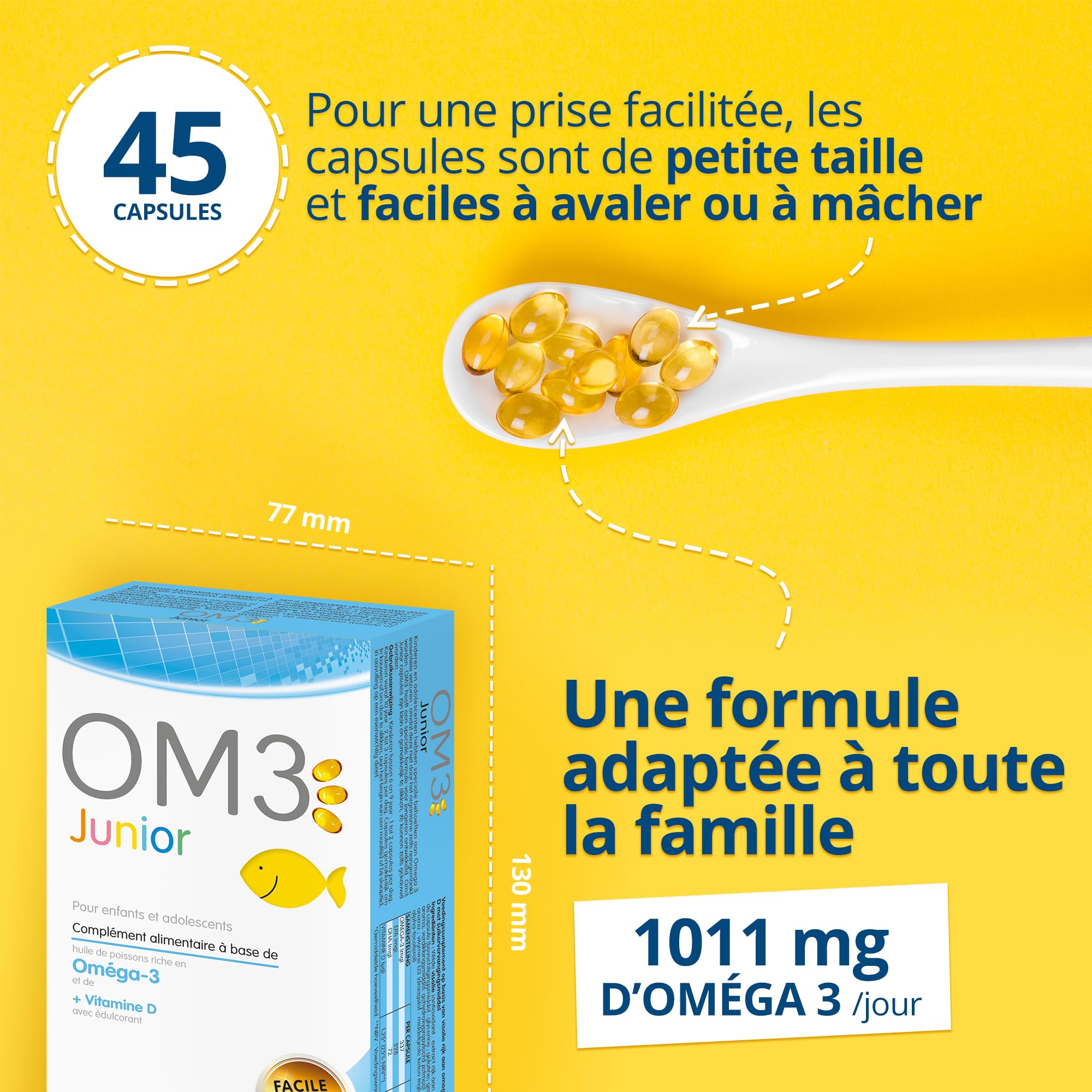 OM3 - Junior- Huile de poissons concentrée à 65% d'Oméga-3 et de Vitamine D-Pour enfants et adolescents- 45 capsules à avaler ou mâcher (Lot de 2)