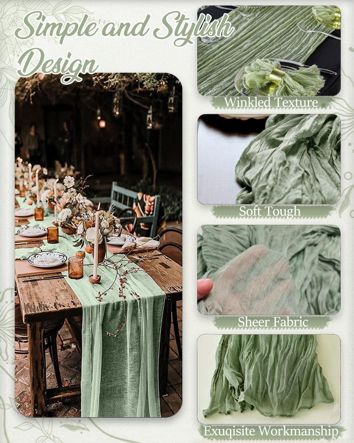 Sage Cheesecloth Table Runner 10 Ft 1 Pcs Green Gauze Table Runner 120" x 35"