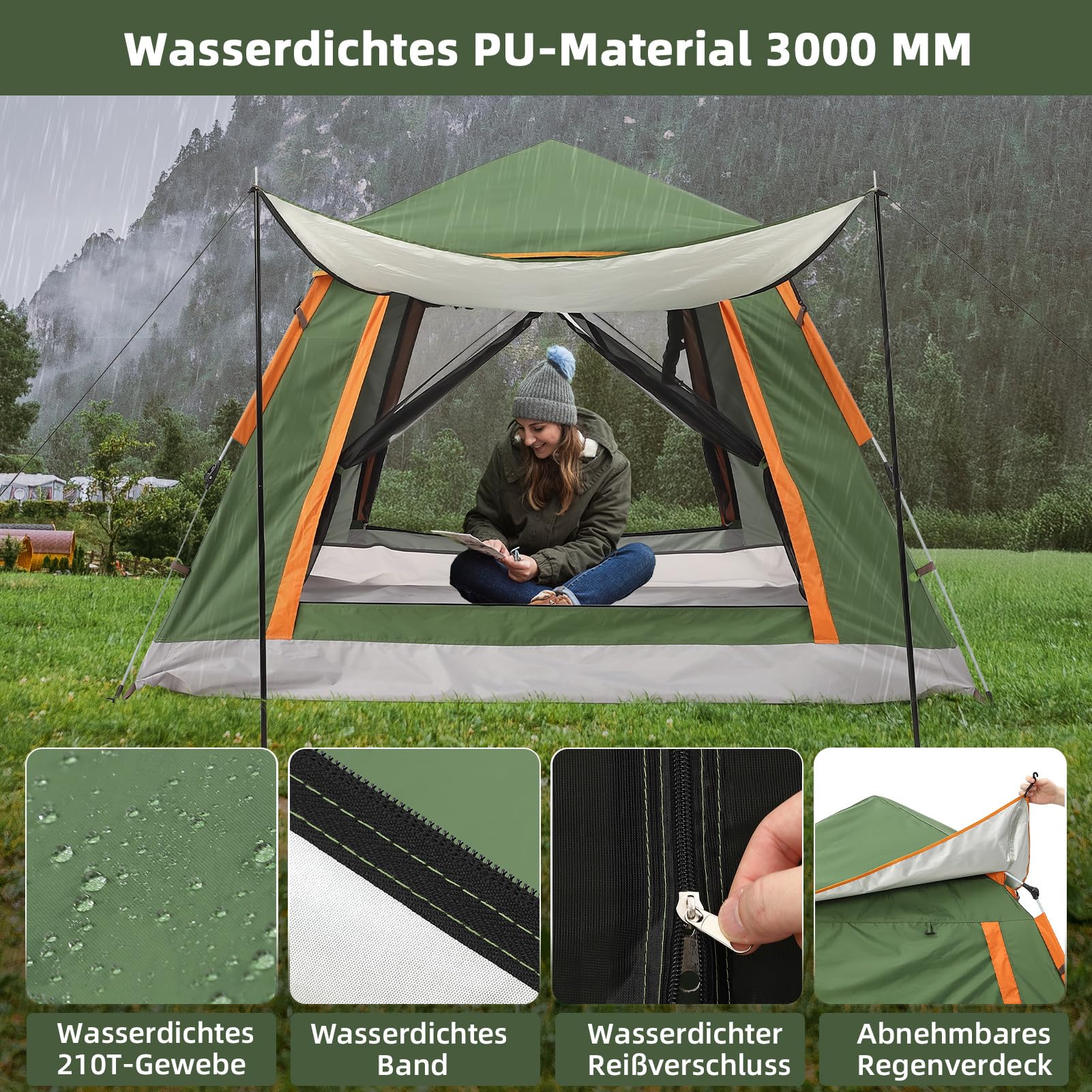 HAUSPROFI Camping Zelt 2-3 Personen Pop Up Zelt Automatisches Wurfzelt, Wasserdicht Winddicht mit Vorzelt Fenster, Doppelschicht Kuppelzelt 4 Jahreszeiten, Moskitoschutz für Familien Camping Festival