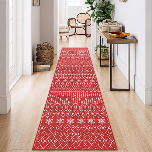 Miniatura 6 de Lahome Alfombras marroquíes de Navidad, 2 x 8 pies, antideslizantes, lavables, color rojo, para cocina, decoración navideña de copo de nieve,