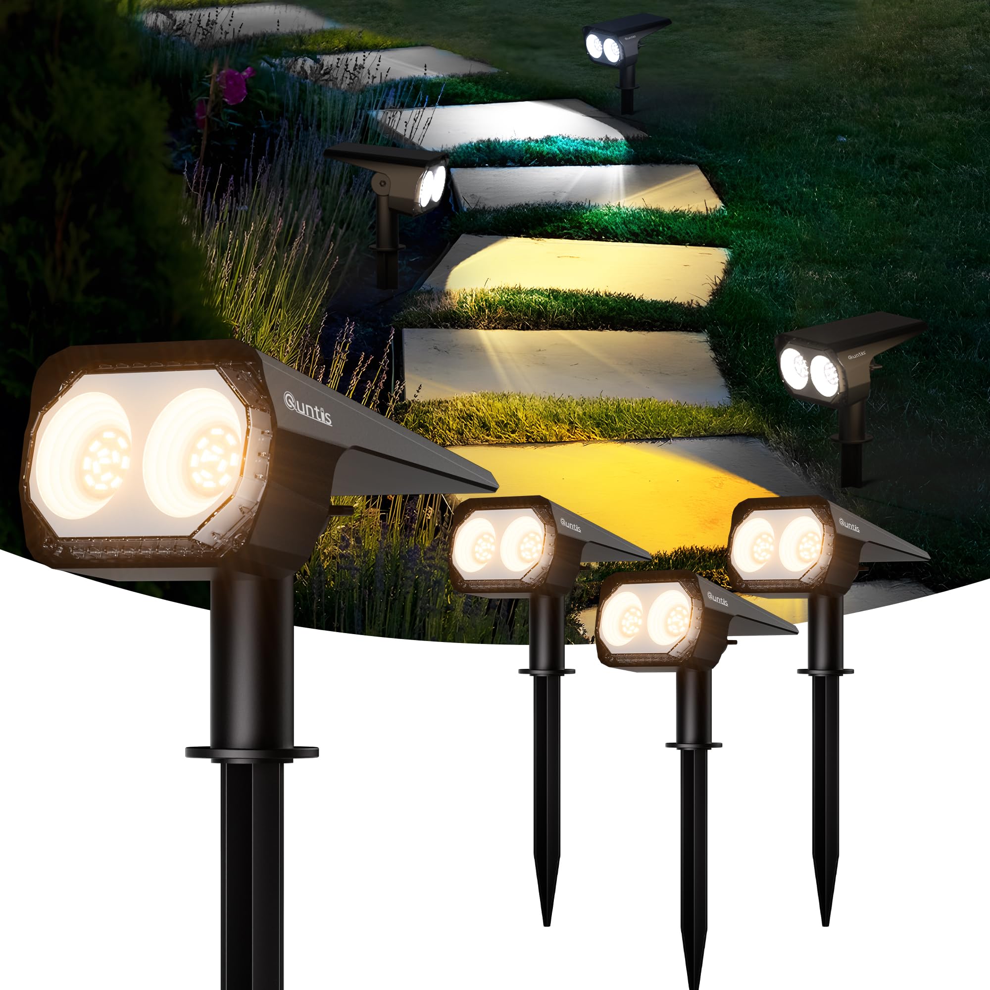 Quntis 4 Pezzi Faretti Solari a 26 LEDs da Esterno, 6 Modalità Luce Solare da Giardino 3 Colore e Ricarica USB-C, Lampade Solari da giardino IP65 Impermeabile per Cortile Alberi Patio Terra
