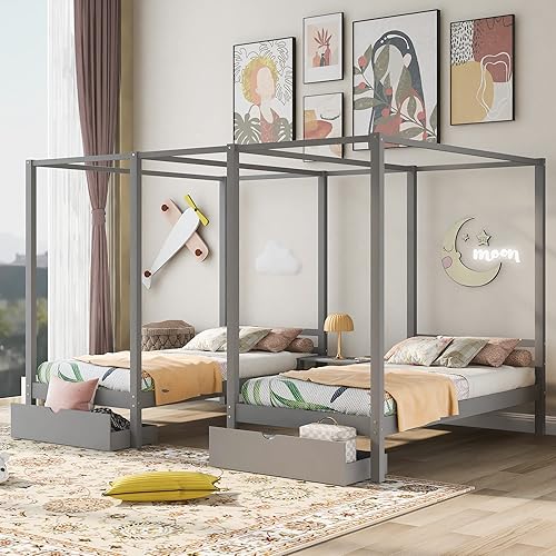 Miniatura 3 de SIYAHOME Camas de plataforma con dosel doble compartido de tamaño individual con dos cajones y escritorio integrado diseño que ahorra espacio