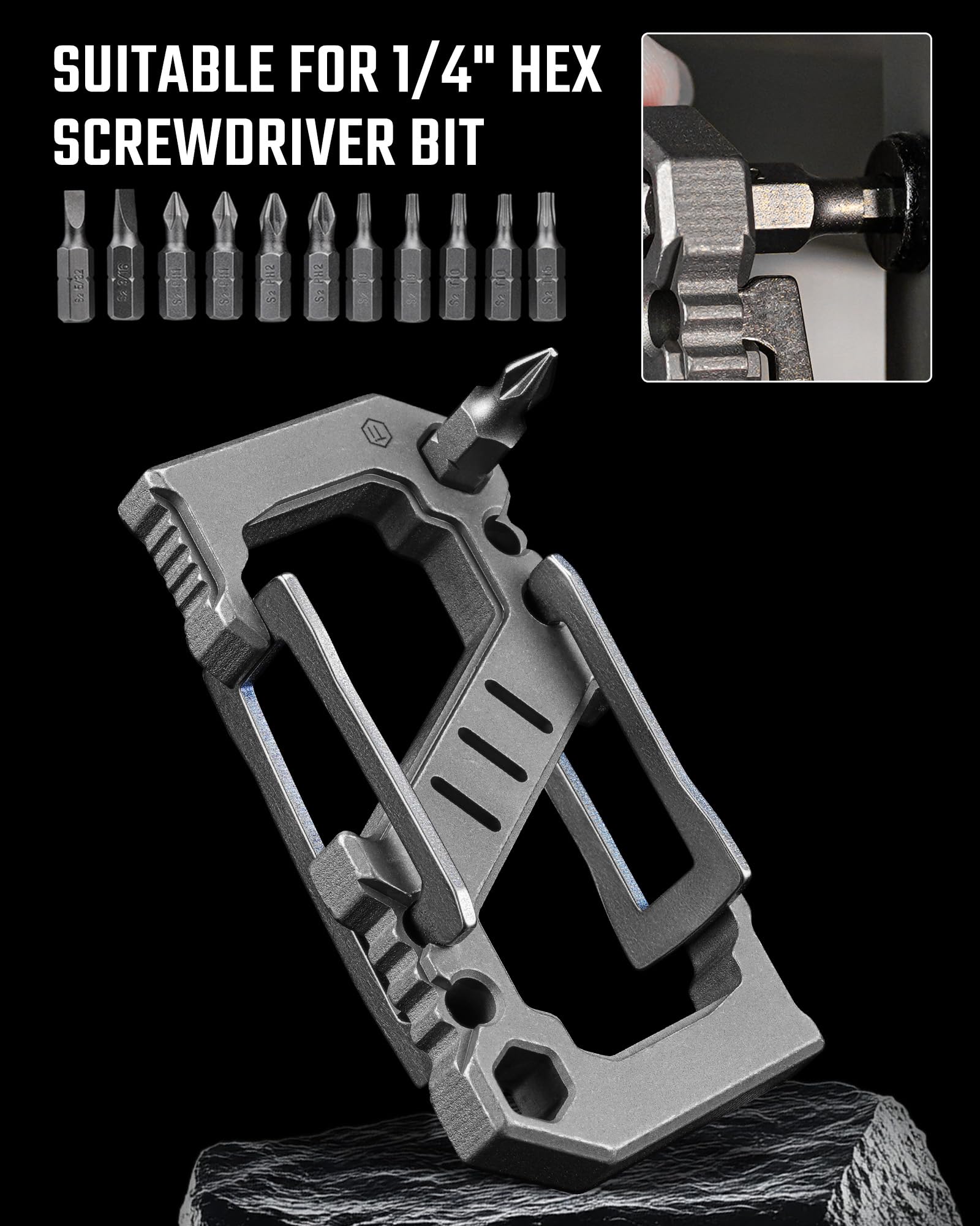 KeyUnity KU07 - Moschettone in titanio con doppio cancello per EDC | Apribottiglie, funzione cacciavite, design utilità 3 in 1, metallo leggero, accessorio portachiavi