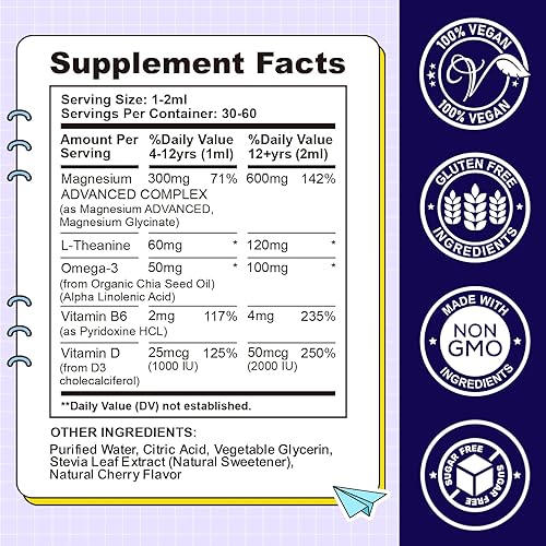 Miniatura 4 de Gotas líquidas de magnesio para niños, suplemento de glicinato de magnesio para niños, con L-teanina, omega-3, vitamina B6, D3, para dormir