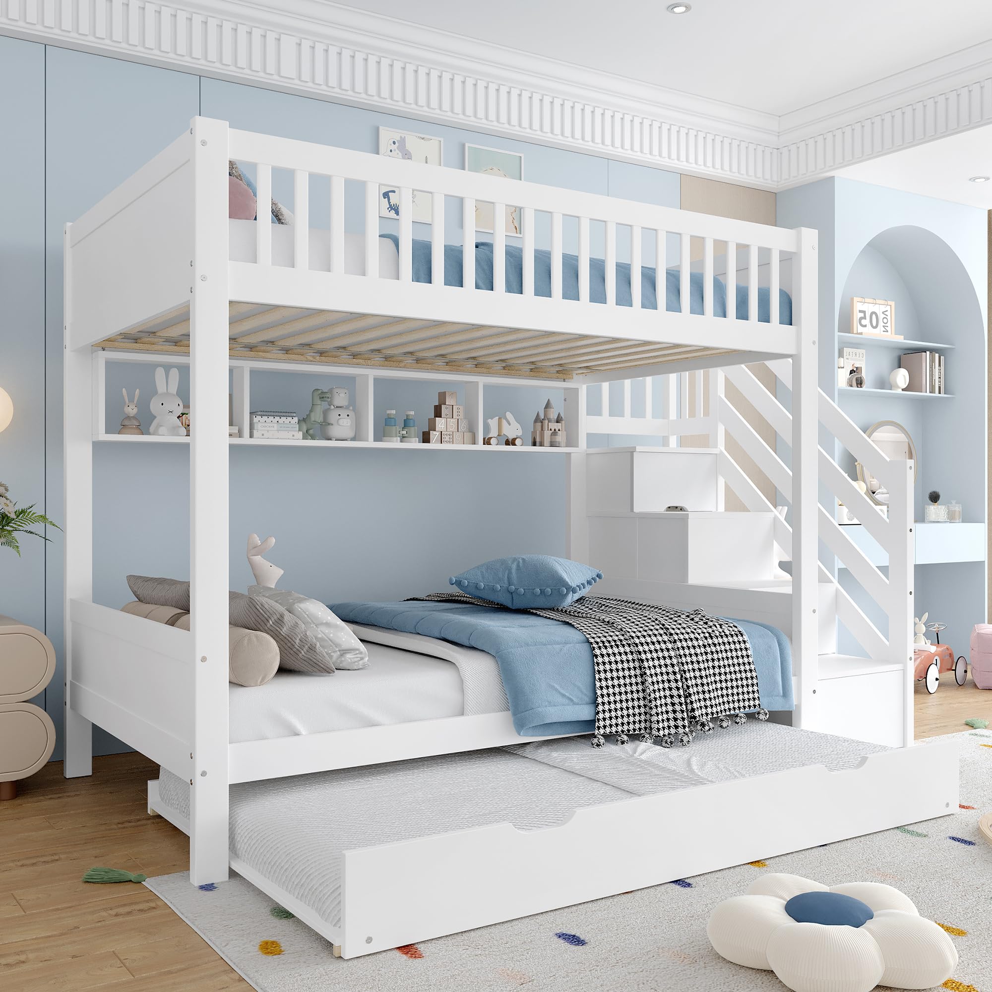 Merax Etagenbett Kinderbett 90x200 cm, Hochbett mit Ausziehbett, Kleiderschrank, Ablageleiter und Regal - Bettgestell mit Lattenrost (ohne Matratze), aus Kiefernholz, Weiß