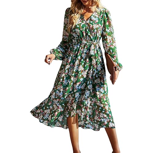PRETTYGARDEN Women's Floral Print Boho Dress Long Sleeve Wrap V Neck Ruffle Belted A-Line Flowy Maxi Dresses
