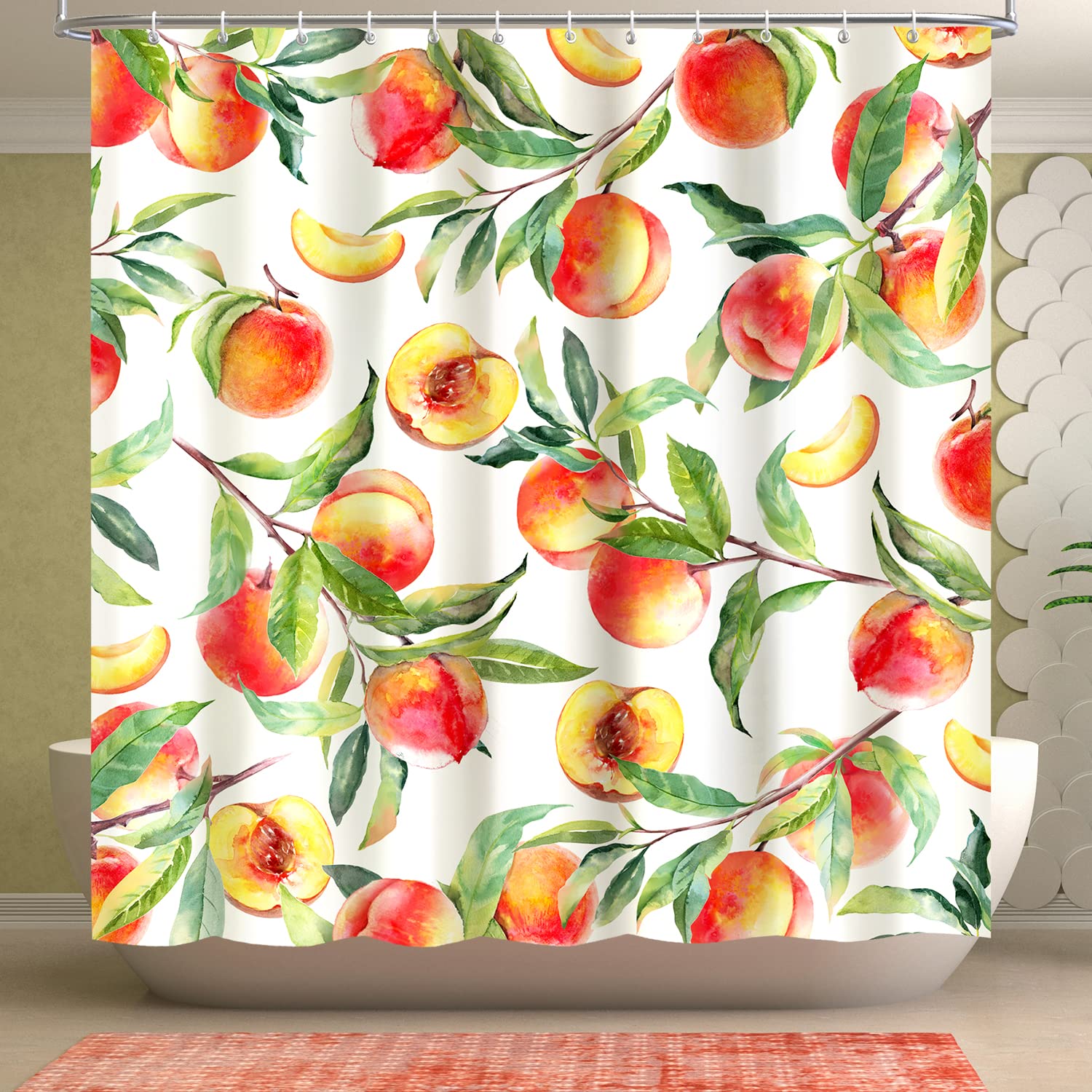 Lokigo Colorful Peach Shower Curtain Fall Shower Curtains for Bathroom, Waterproof Thickened Fabric Shower Curtain Cute Fruit Shower Curtain Orange Bathroom Decor 72x72