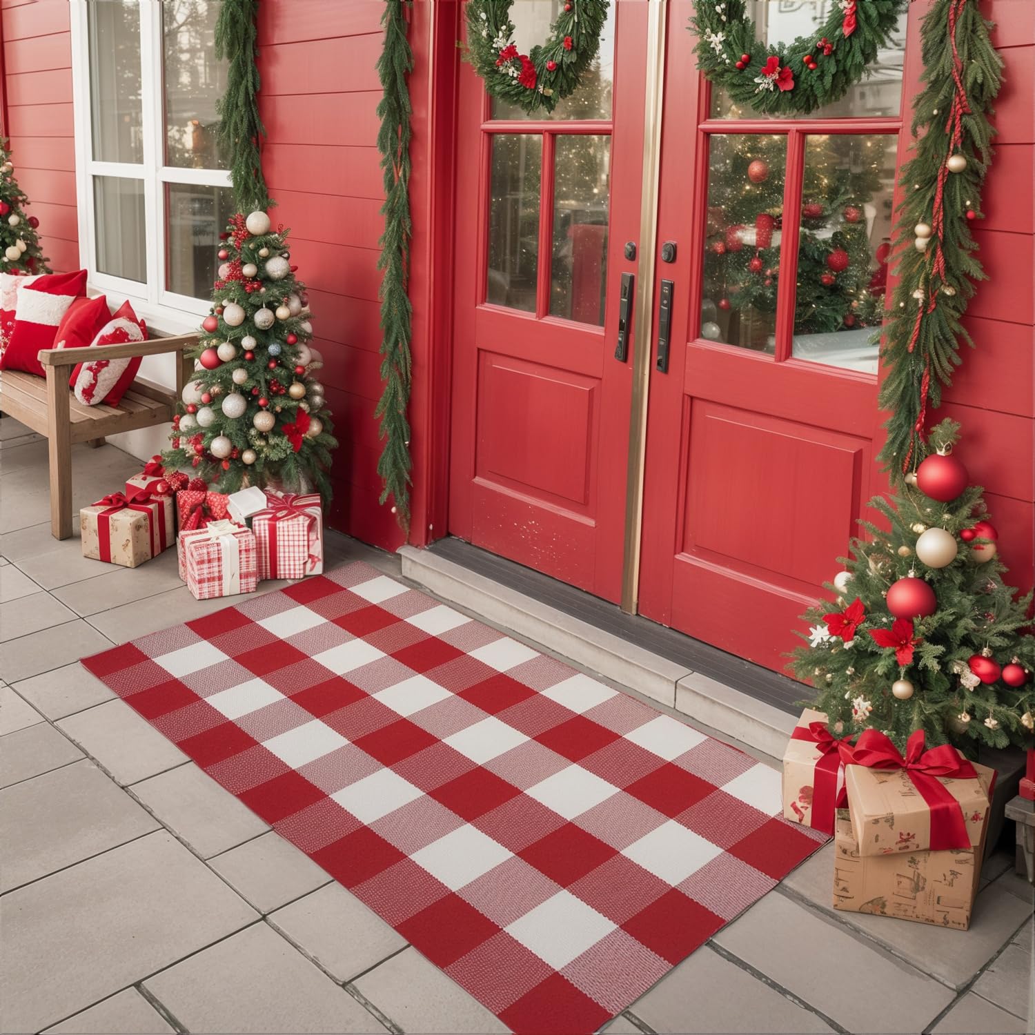 WAYYE Buffalo Plaid Outdoor Rug 24" x 52" Red and White Checkered Area Rug Washable Doormats Indoor Outdoor Rugs for Layered Front Door Mats, Porch, Entryway, Kitchen, Farmhouse