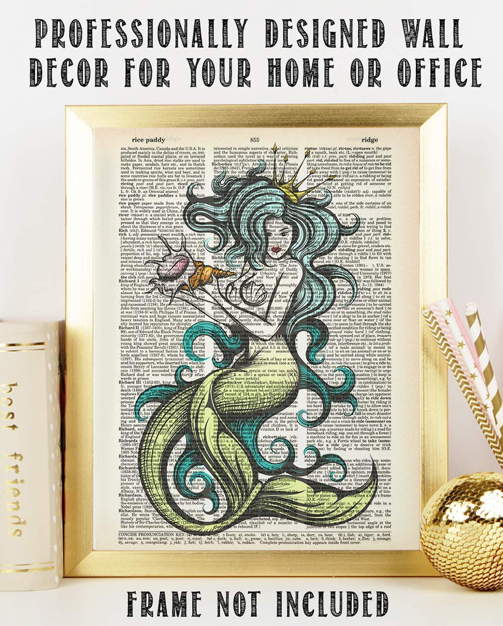 Upcycled Dictionary Art - Mermaid Sea Queen - Vintage Beach House and Bathroom Accessories, Nautical Ocean Teen's Room Wall Art, Great Gifty for Sea Lovers, 8.5x11 Unframed Dictionary Art Print Poster