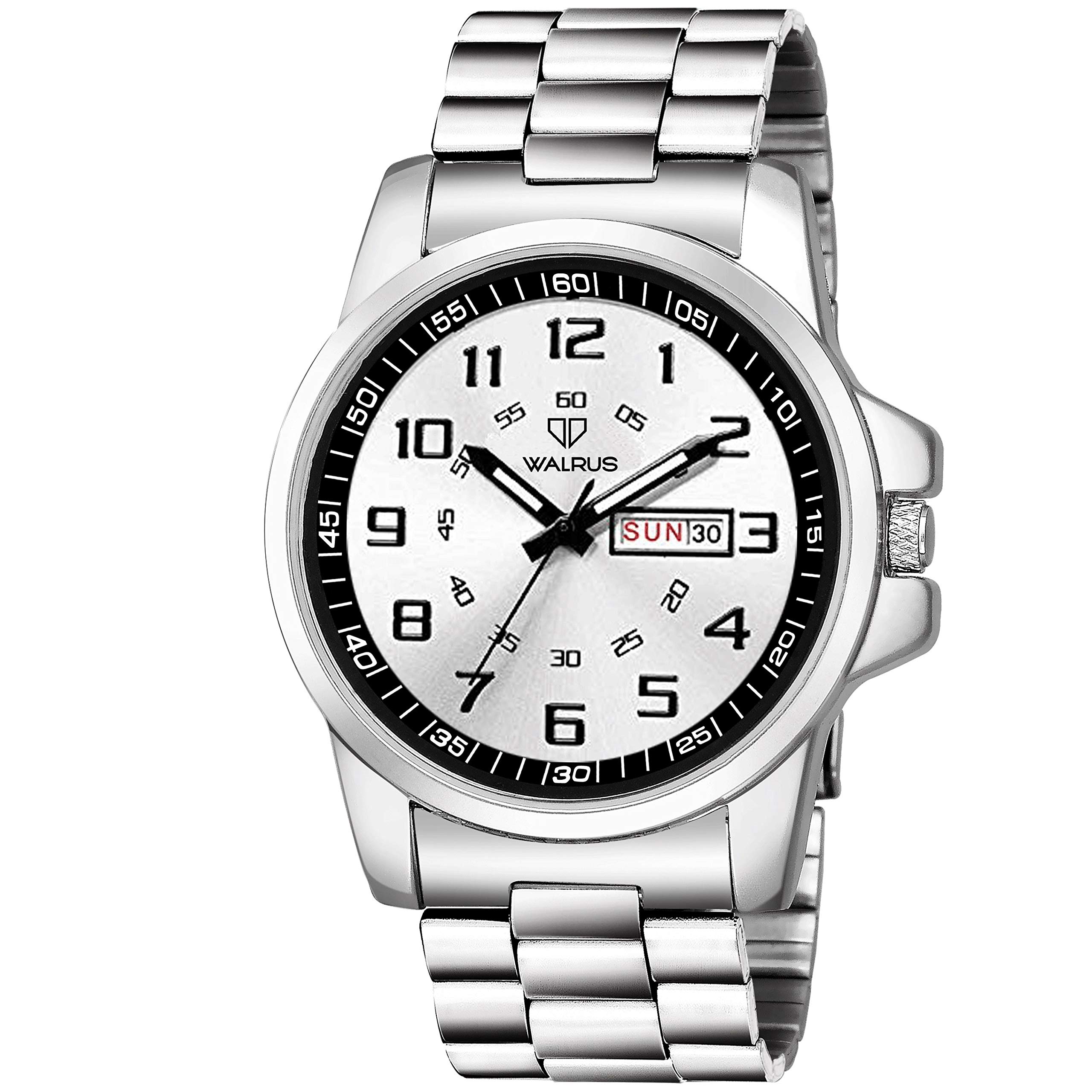 Walrus Mens Silver Dial Watch with Day & Date Display, Push Button Lock - Stylish Silver Strap, Professional & Casual Use- Old Money Style Mens Wrist Watch for Gift (B07YJJGLS8) Amazon Price History, Amazon Price Tracker