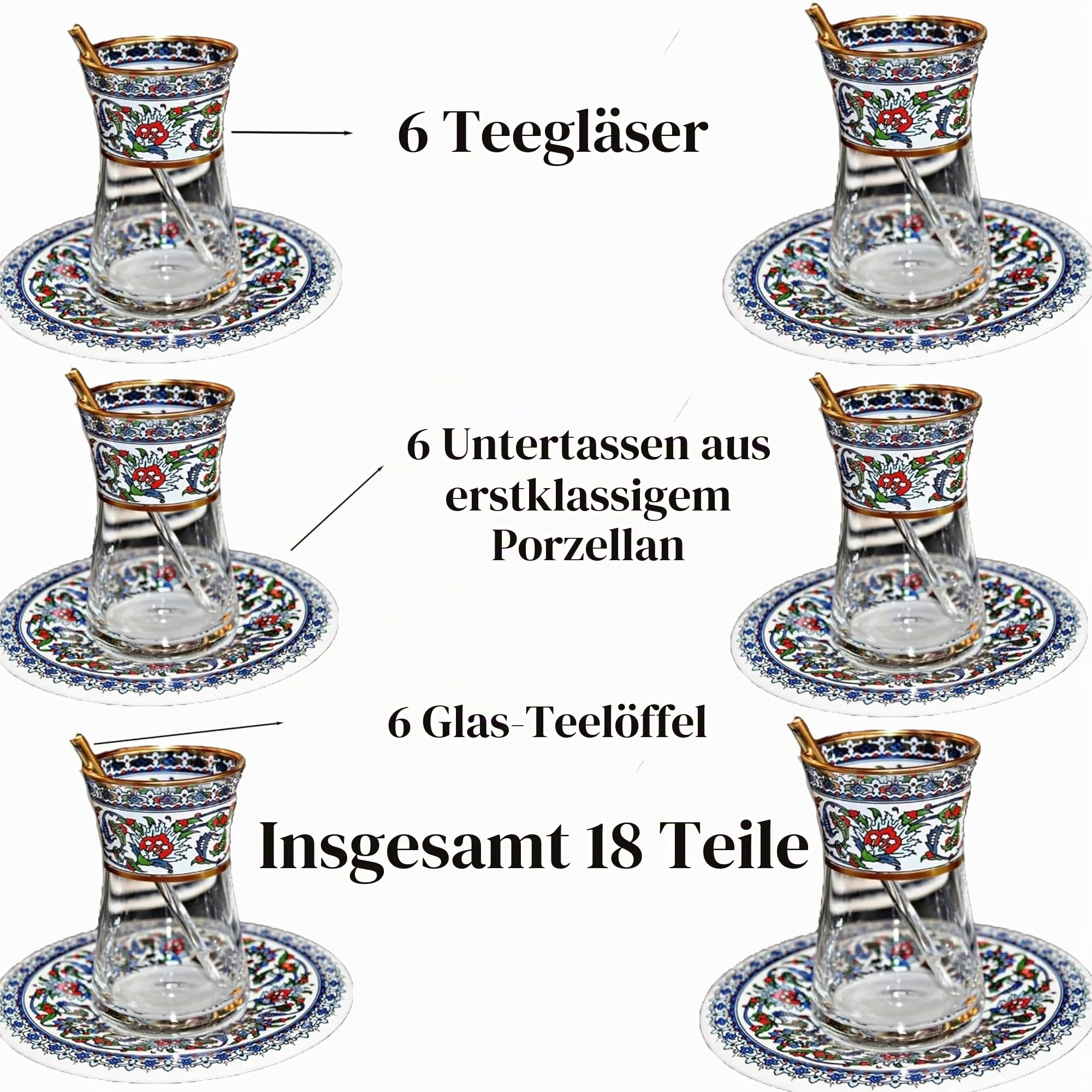 Handgefertigte türkische Teegläser mit Untertassen, altmodische türkische Teetassen, Vintage-Teegläser, 6er-Set, arabisches Trinkgeschirr, Vintage-Stil, persisches und marokkanisches Glas