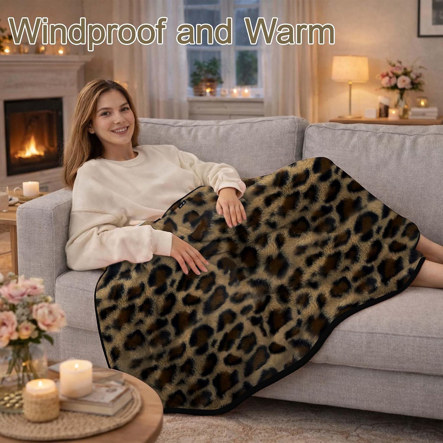 SPRING SEAON Wearable Wheelchair Blanket, Soft Fleece Shawl Poncho with Snaps, Plaid/Solid, Knee-Length, Lap & Leg Blanket, Seniors Nursing Home Recliner Sofa Office Travel, Machine Washable (Leopard)