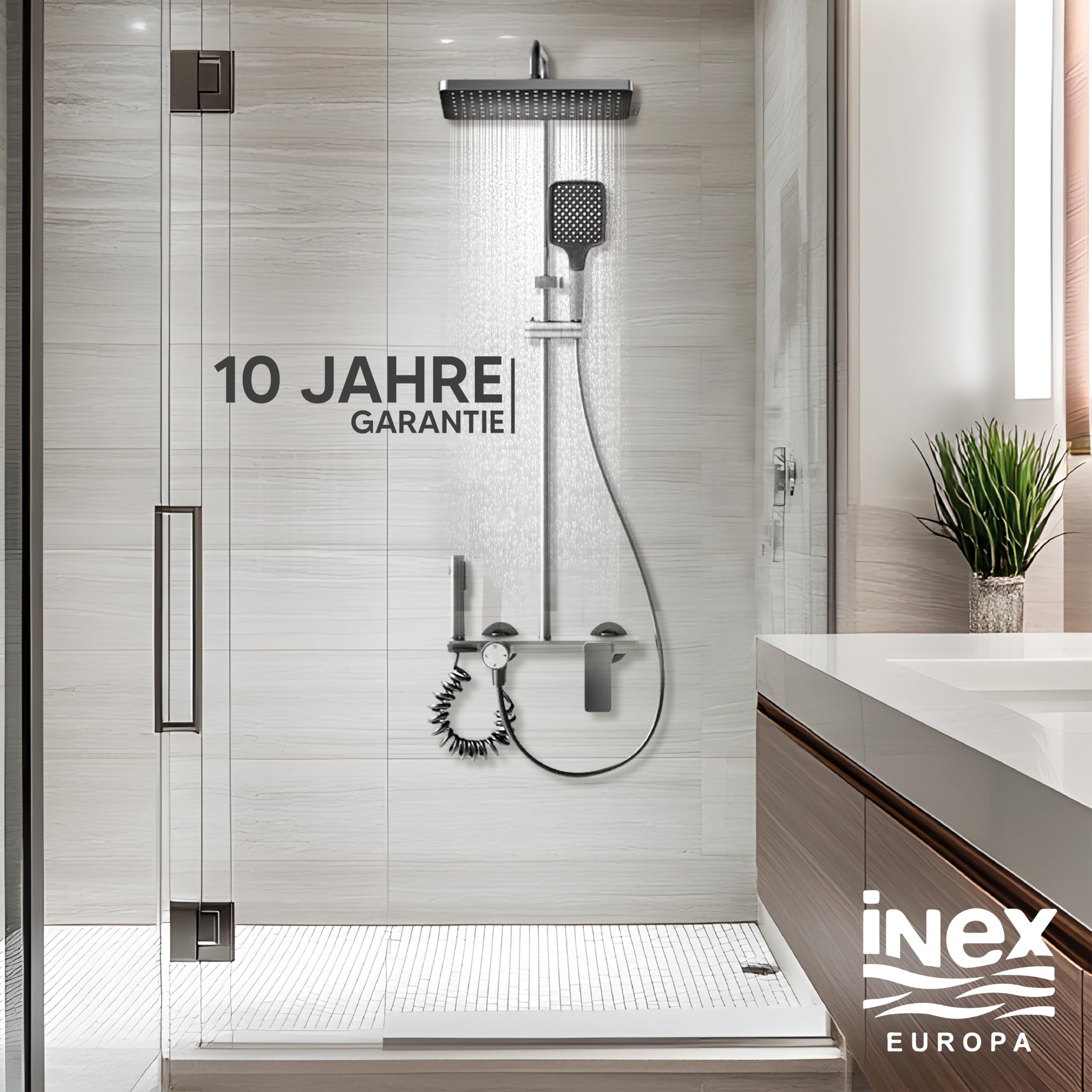 INEX EUROPA Duschsäule mit 4 Betriebsmodi - Dusch- und Badarmatur - 10 Jahre Garantie für Absolute Sicherheit (Quadratischer Duschkopf)