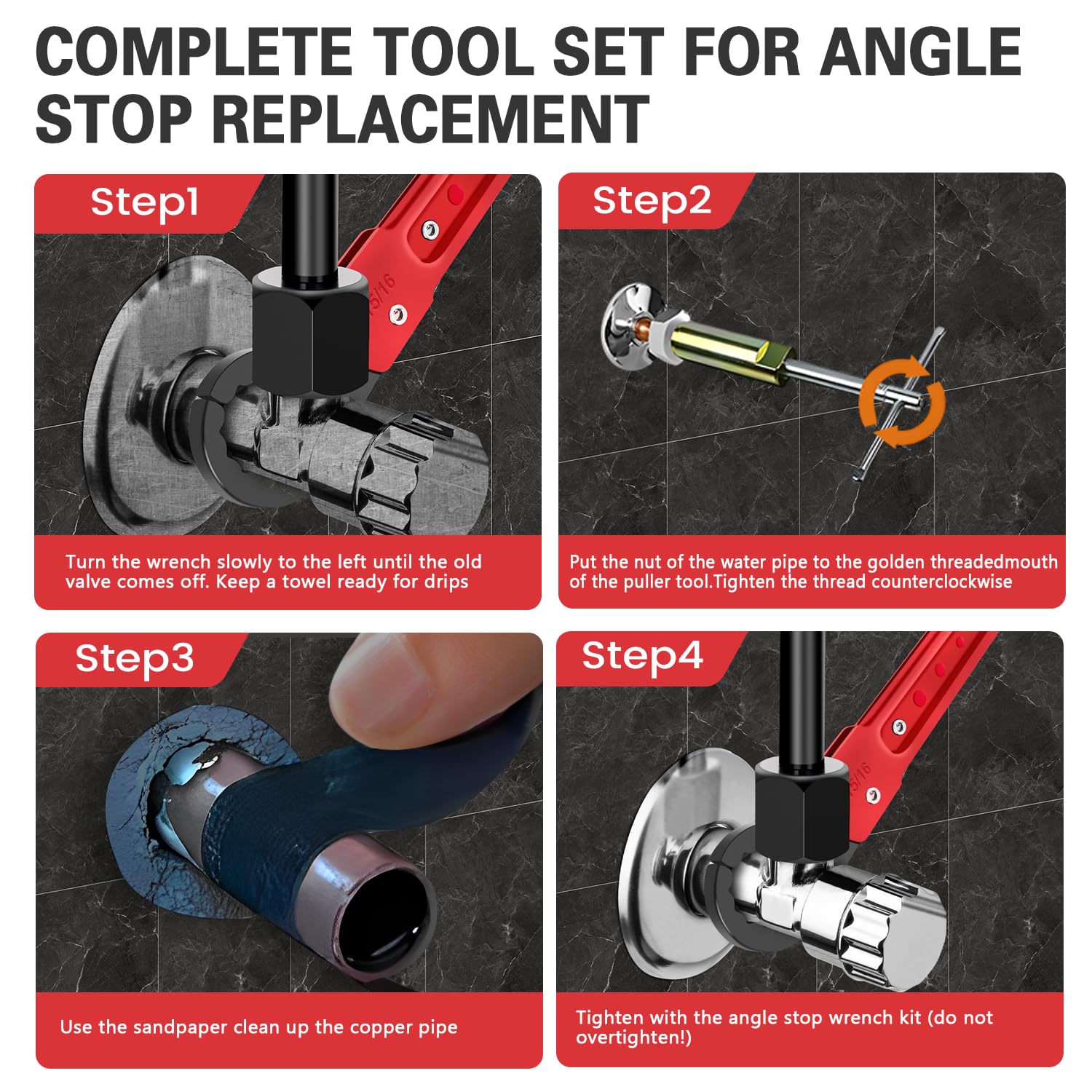 Kit de 6 herramientas de fontanería con llave de tope angular y extractor de manga de compresión de 1/2 pulgada, llave de fontanero profesional, papel de lija y bolsa de almacenamiento para