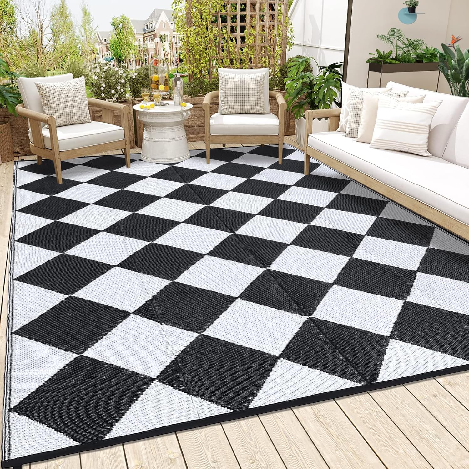 ChicHabitat Outdoor Rug 9x18, Reversible Plastic Straw Mat with Carry Bag, Easy to Clean Checkered Floor Carpet for RV, Patio, Camping, Deck, Picnic(