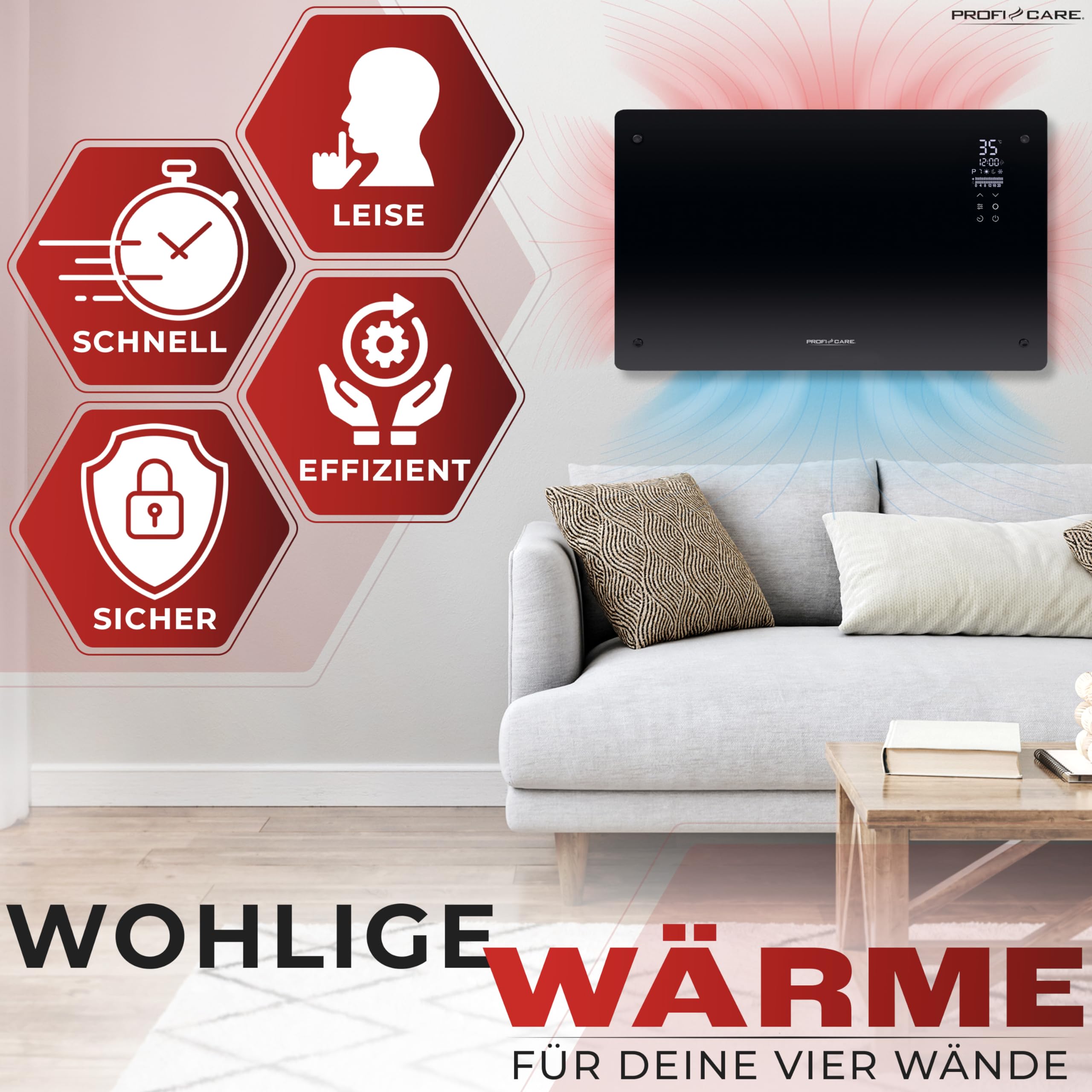 ProfiCare® Grzejnik elektryczny ze szklanym frontem i elementem grzejnym X-Shape | mobilny grzejnik nadaje się również do montażu na ścianie | ogrzewanie konwektorowe z 2 stopniami ogrzewania |