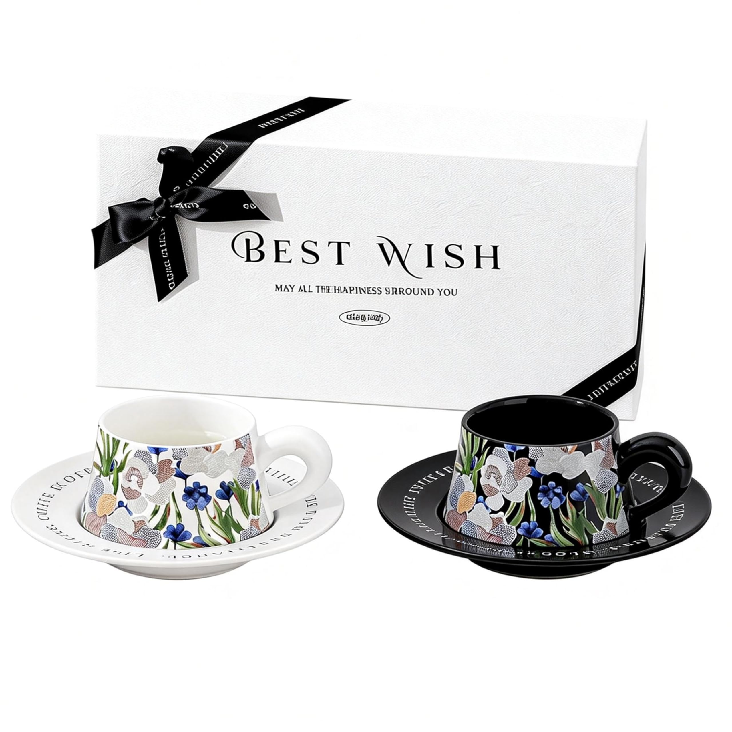 TERRATERRA Tasse à Café en Ceramique 270ml - Lot de 2 - Avec Soucoupe - Coffret Cadeau - Tasse à Thé - Tasse à Latte - Cadeau de Nouvel An