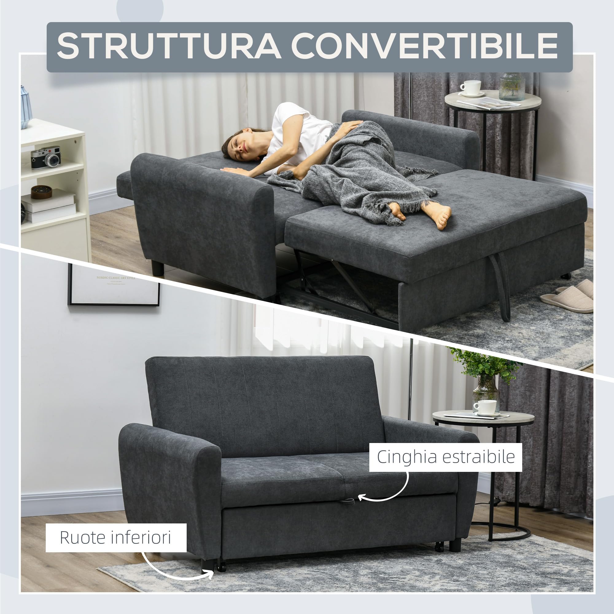 HOMCOM Divano Letto 2 Posti Clic Clac con 2 Cuscini 148x87x88 cm Grigio