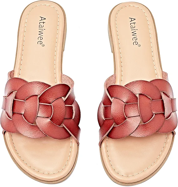 Ataiwee Women's Flat Slide Sandals - Braided Slip-On Design, Summer Casual Style.