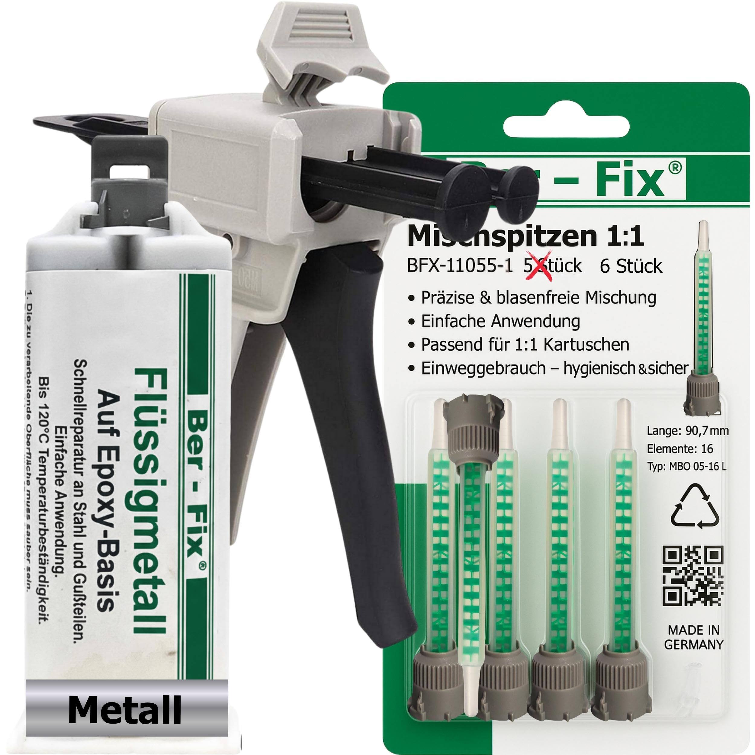 Ber-Fix Flüssigmetall Epoxidkleber 50g + 6 Düsen + Pistole metallgefüll | Flüssigmetall Epoxidkleber 50g + 6 Mischdüsen + Pistole metallgefüllt: Flüssigmetall für metallähnliches Füllen