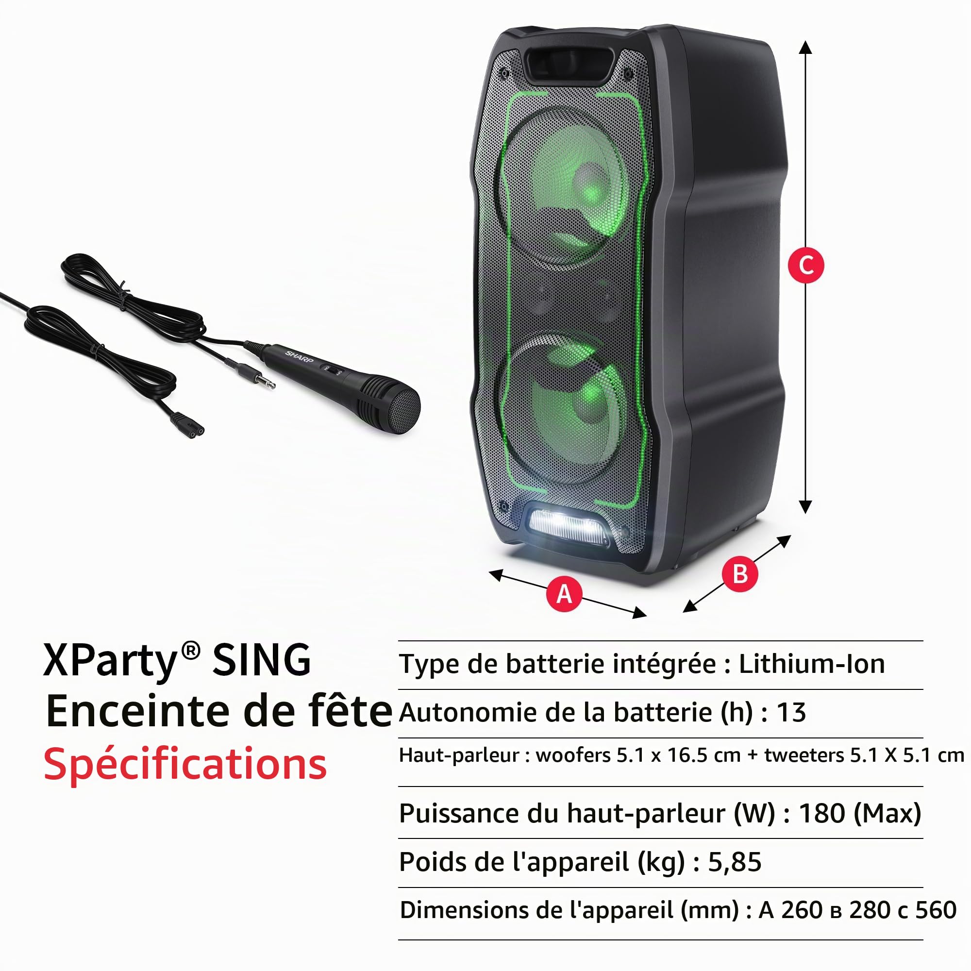 SHARP PS-931 Party Speaker, microphone, TWS, Bluetooth, 2xUSB, 2 ports 6,3 mm pour microphone et guitare, lumières multicolores, 180W P.maxima, batterie lithium intégrée avec jusqu'à 13 heures de lec.
