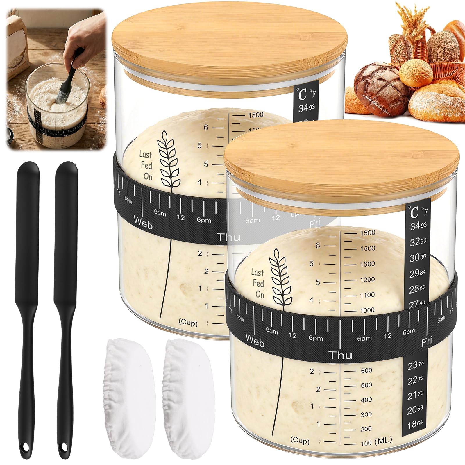 Cbwerbb 2 Pack-1.5L/51Oz Sourdough Starter Jar Kit,1500Ml/ Wide Mouth Glass Sourdough Bread Baking Container With Bamboo Lid,Date Marked Feeding Band,Thermometer Strip,Silicone Scraper & Cloth Cover For Home Use