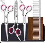 Bamlue 6 in 1 Professional Stainless Steel 4CR Safety Round Tip Dog Grooming Scissors, Anti-Rust Shears Cat Grooming Scissors Pet Kit, Thinning Straight Comb for Long Short Hair-Blue