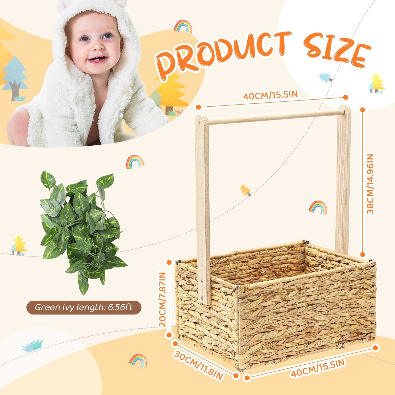 Juexica Baby Shower Crate Closet Wicker Baby Welcome Box Woven Crate Baby Gift Basket with Handle and Garland Welcome Baby Gifts for Boys Girls Newborn Gift Storage