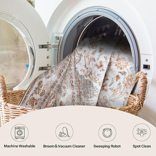 Miniatura 6 de Vhong Alfombra bohemia vintage lavable moderna neutro grande alfombra marrón y gris 8x10 alto tráfico alfombras para comedor, sala de estar,