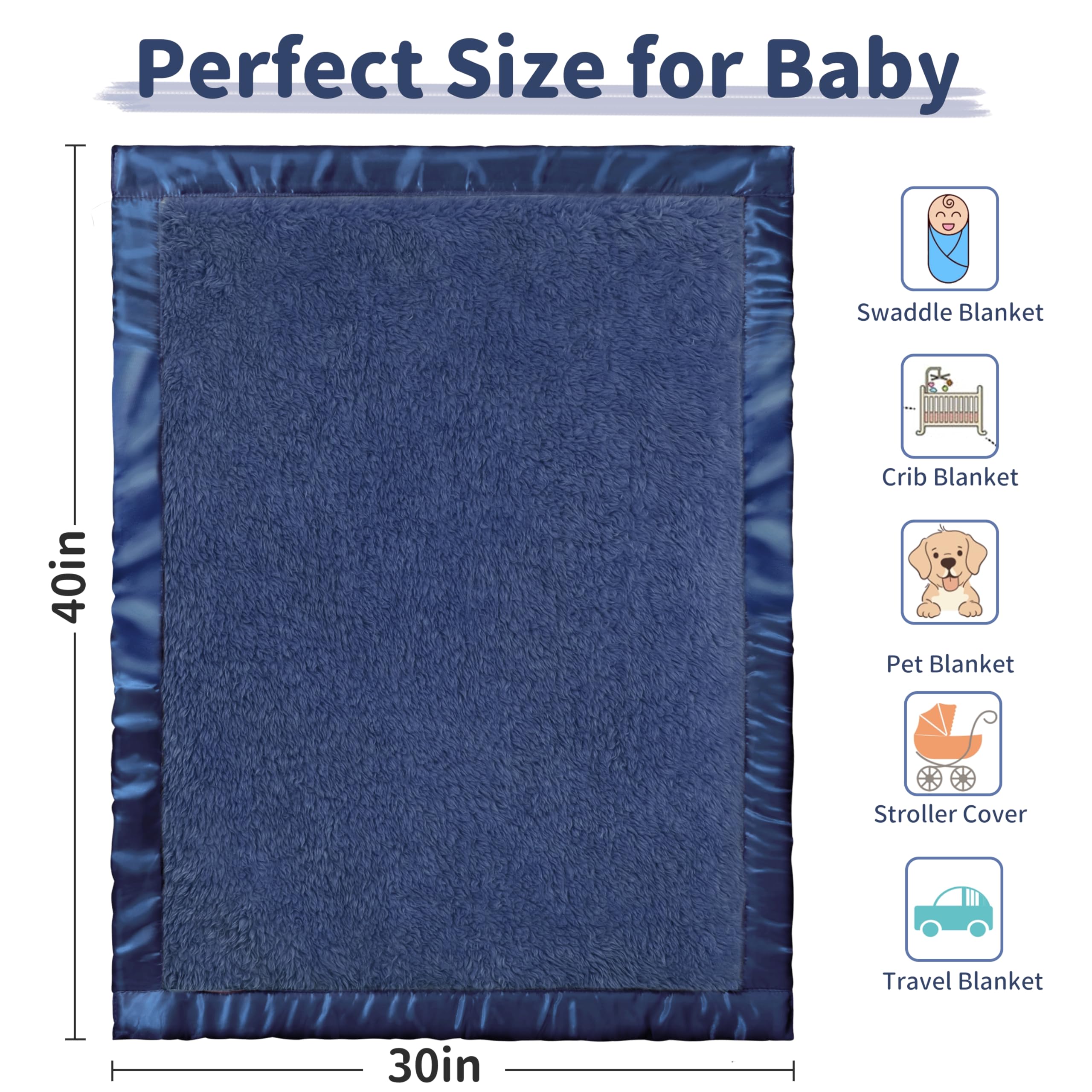 Pro Goleem Fleece Baby Blankets for Boys with 2 Inch Satin Trim, Super Soft Plush Receiving Blanket for Infant Toddler Newborn, Cozy 30x40 Inch Crib & Stroller Blanket (Navy Blue)