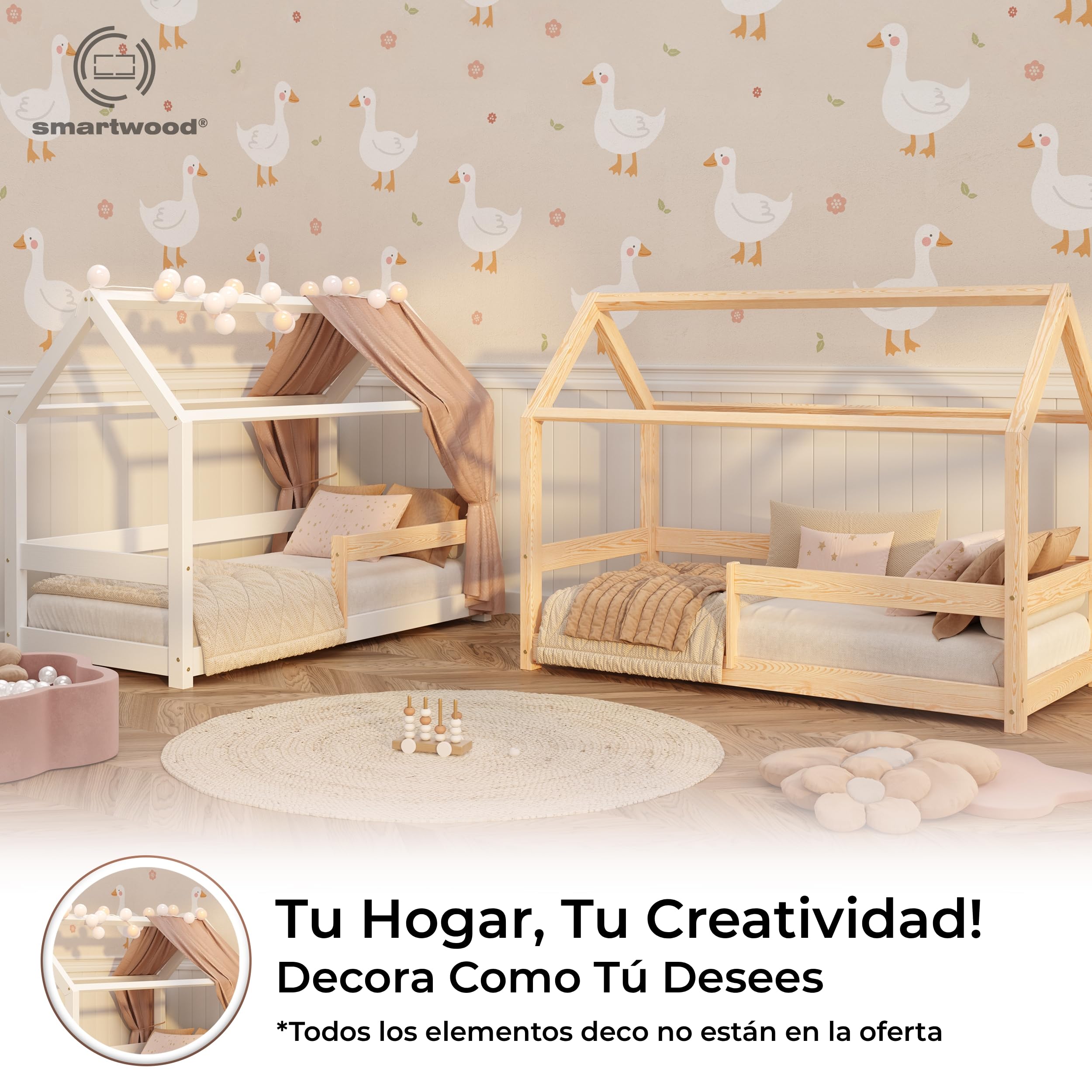 smartwood Cama Casita 90x190 cm de Madera Maciza - Cama Montessori con Barandilla y Somier hasta 230 kg - Diseño Escandinavo - para Niños y Niñas - Montaje Fácil - Milo