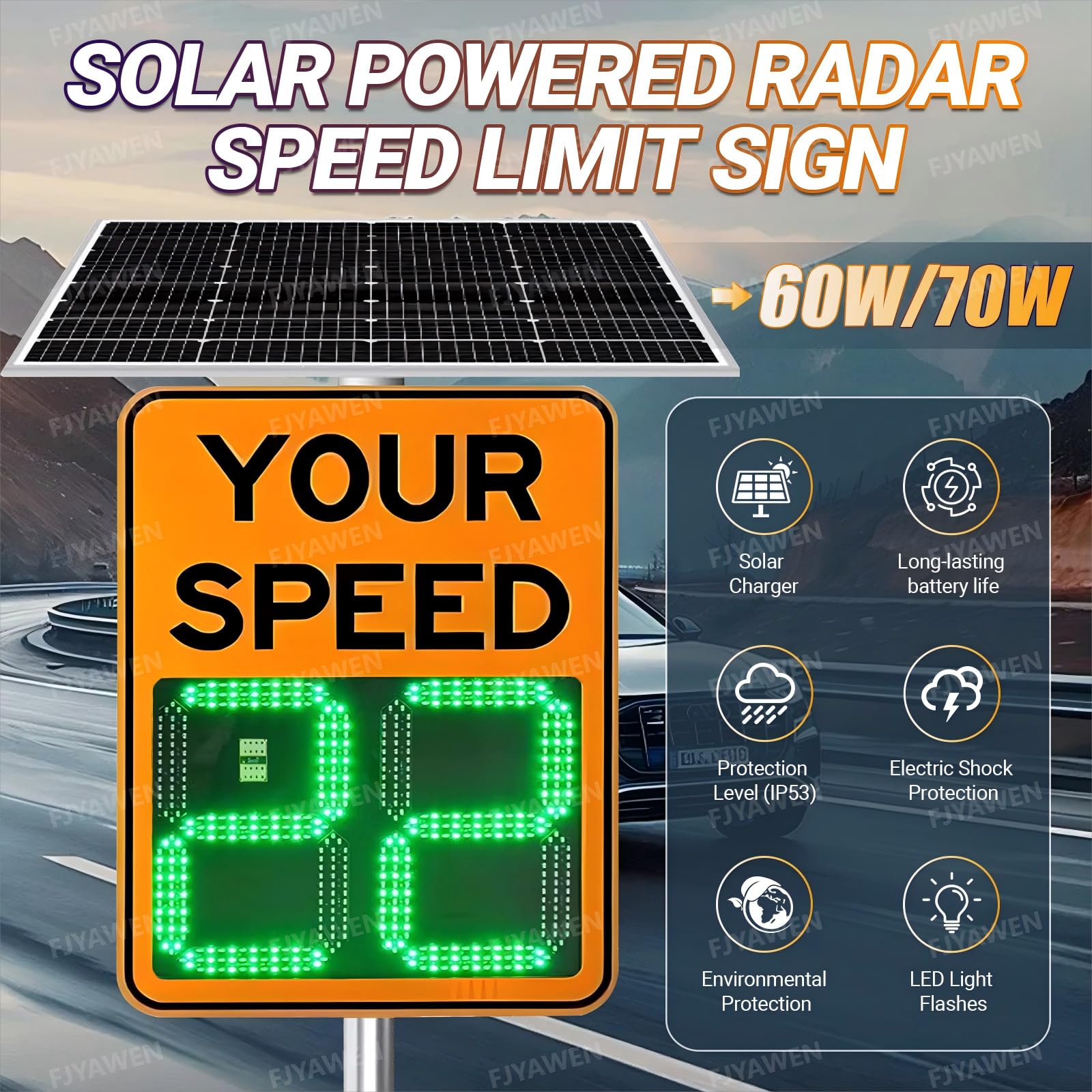 Señal solar de velocidad de radar con LED reflectantes, medición de velocidad de hasta 300 m, diseño impermeable, cobertura multicarretera, 50 x 70 cm