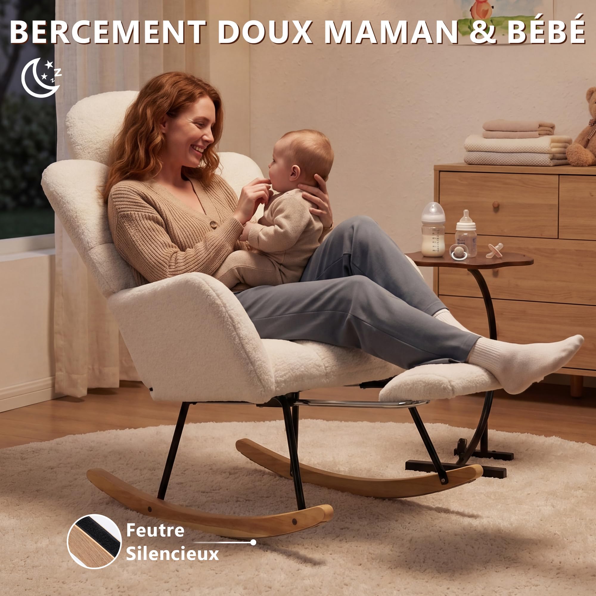 DEKKETO Fauteuil à Bascule - Rocking Chair avec Appui-tête & Repose-Pieds, Fauteuil Relax Scandinave en Tissu Bouclette, pour Salon, Allaitement, Chambre, Pieds en Bois Massif, Blanc