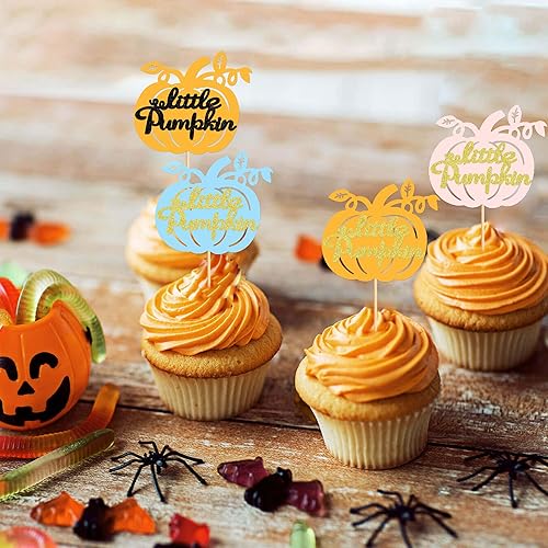 Miniatura 72 de Ercadio Paquete de 24 adornos de calabaza para cupcakes con purpurina de cosecha de otoño, calabaza, cupcakes, decoraciones para calabaza, tema de B