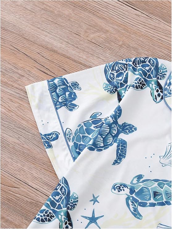 WDIRARA Women's 2 Piece Sea Turtle Graphic Pajama Set Button Down Short Sleeve Shorts Loungewear Pjs Sets