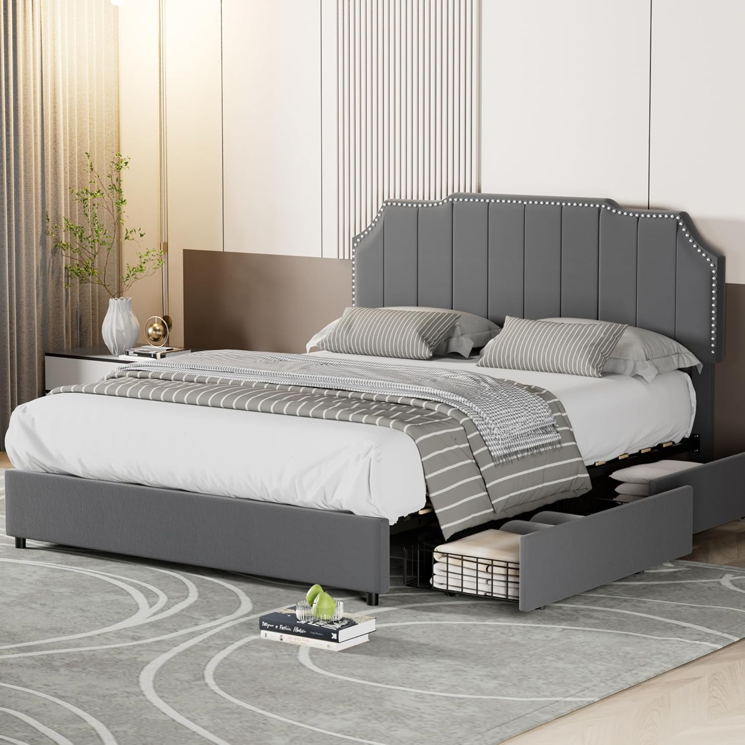 VECELO Full Bed Frame Upholstered Platform with 4 Drawers & Tufted Adjustable Headboard/Mattress Foundation/Wood Slat Support,Easy Assembly,Dark Grey