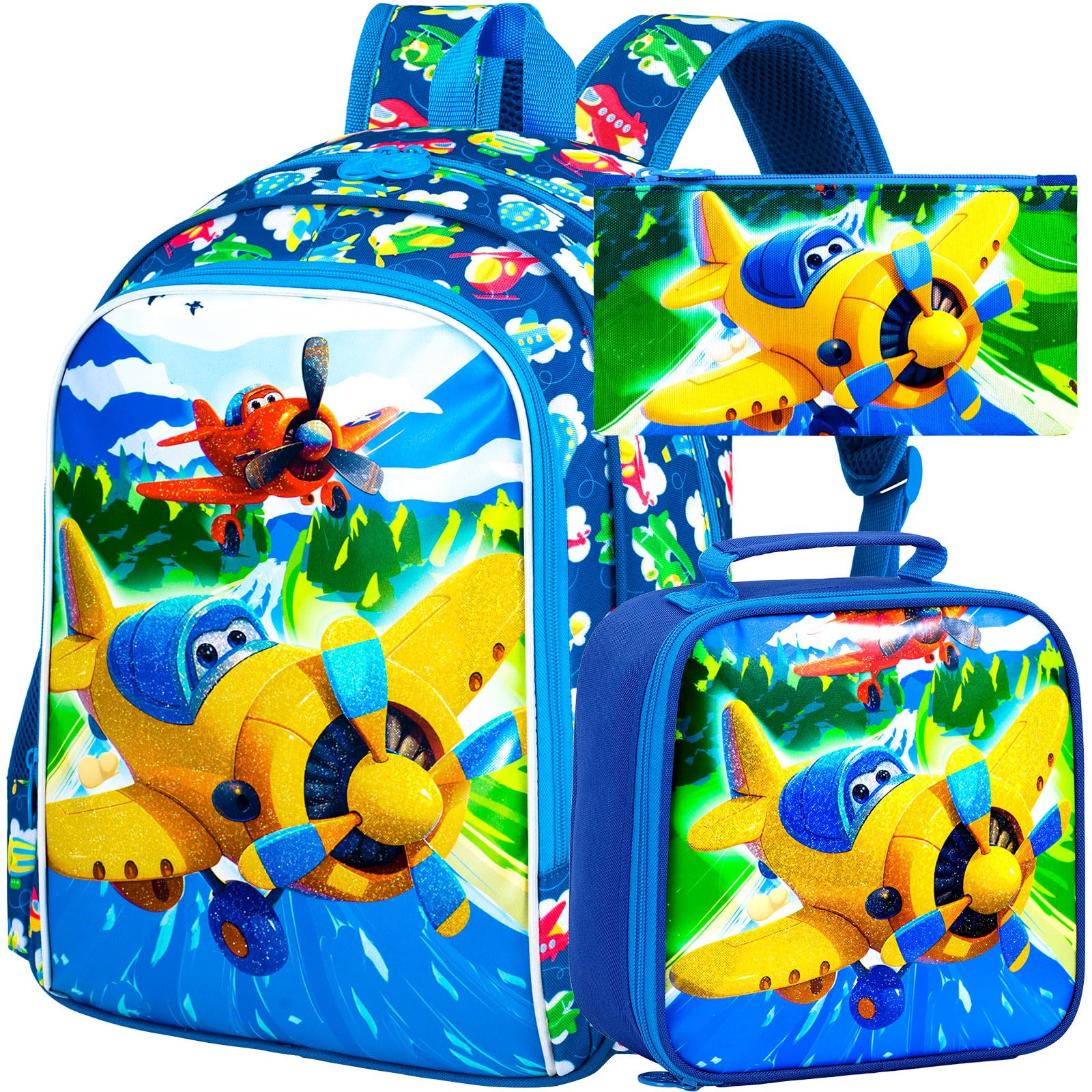 TXHVO 3Pcs Airplane Backpack for Boys, 16" Kids Bookbag Set for Elementary Preschool Kindergarten, School Backpacks with Lunch Box(Blue)