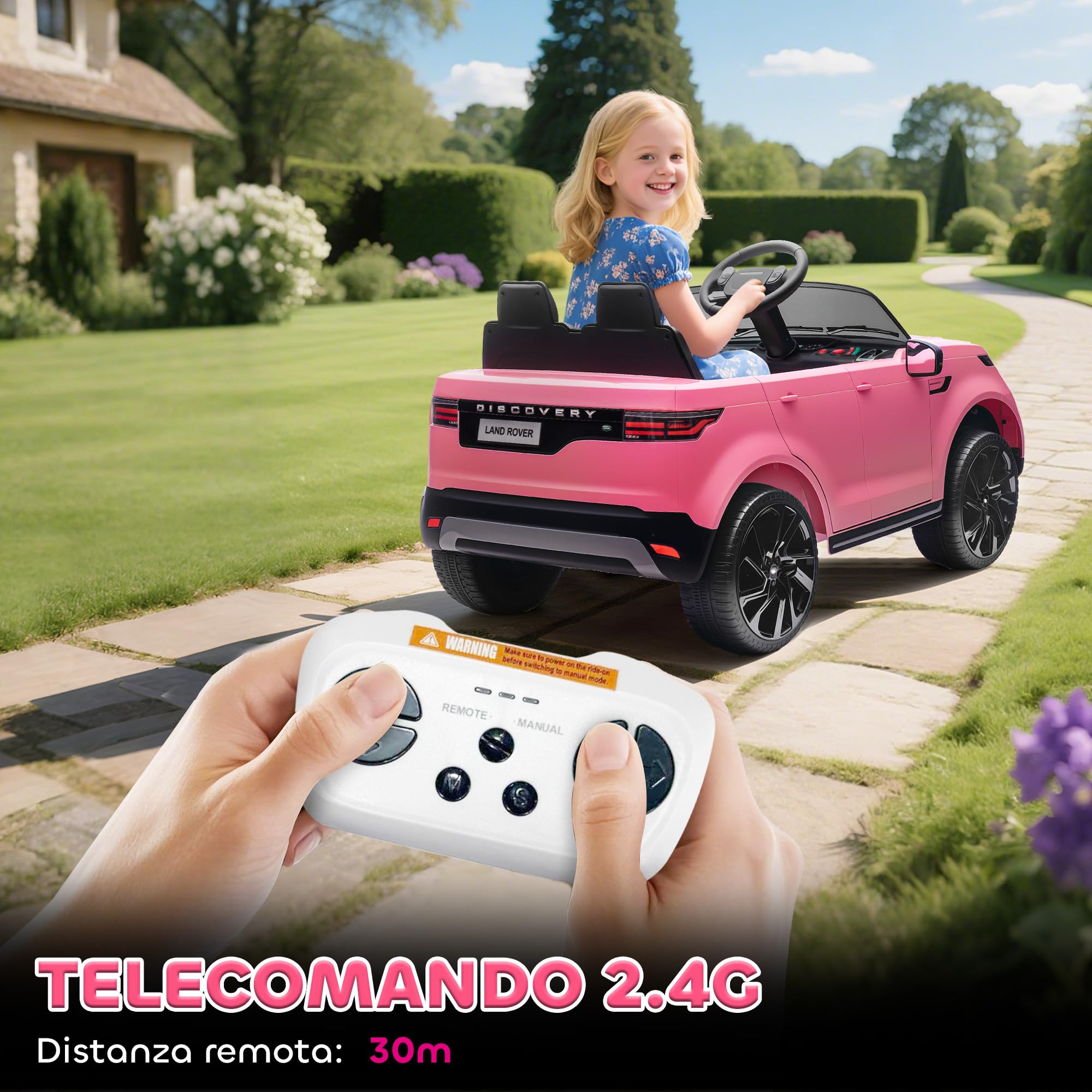 AIYAPLAY Voiture Électrique Enfant Land Rover Discovery 12 V Rose | Télécommande 2,4 G, 2 Moteurs, Véhicule avec Démarrage Progressif, Port USB, Musique, Phares LED, Klaxon