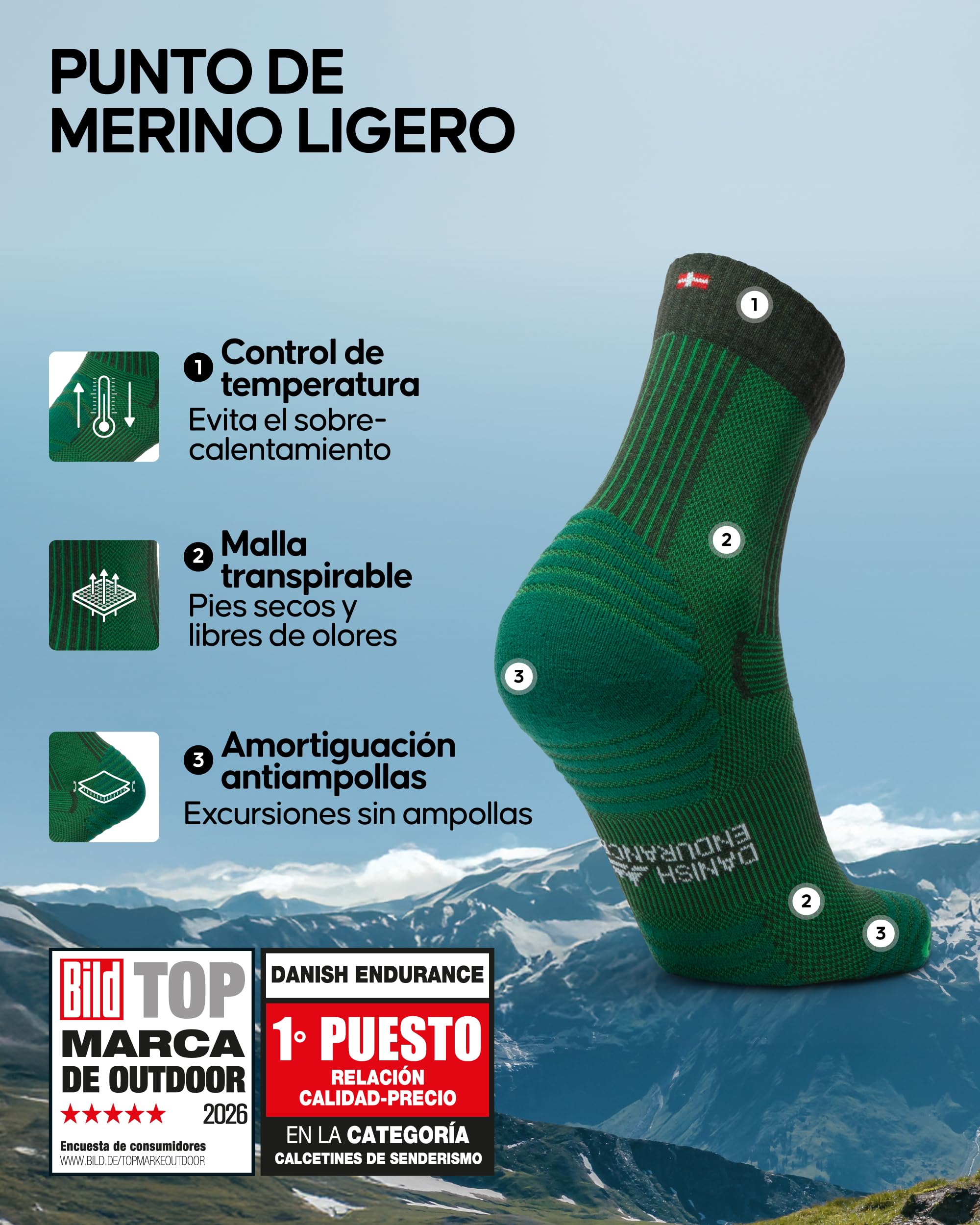 DANISH ENDURANCE Calcetines Antiampollas Senderismo Lana Merino Ligeros Unisex 3 Pack