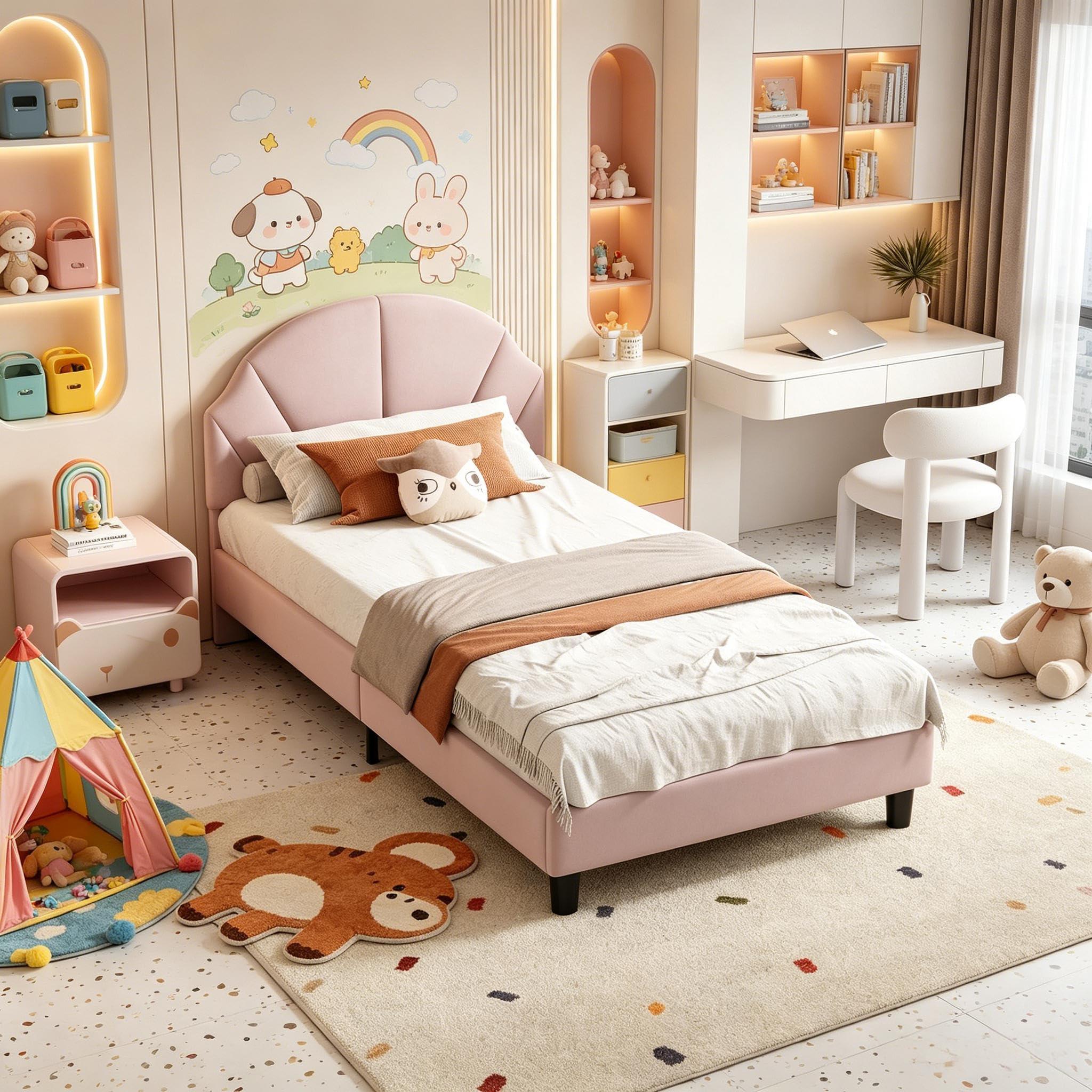 Letto Singolo Imbottito 90x200 cm con Rete a Doghe, Letto da Principessa per Bambina con Testata Regolabile Letto per Bambina 90x200 Letti per 1 Persona per Ragazza Adolescente, in Velluto