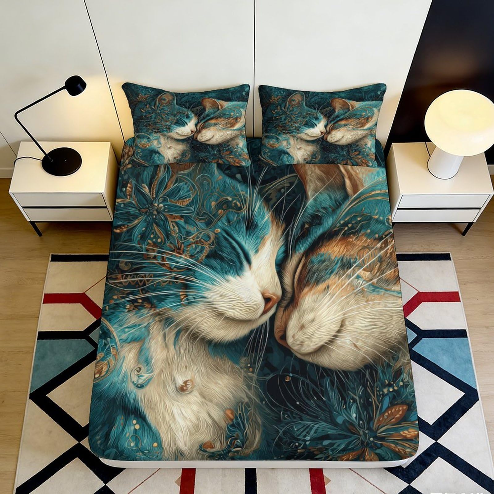 3D Printed Blue Cat Fitted Sheet Microfiber Soft Artistic Cat Face Mattress Cover for Bedroom Dorm Decor 90x200x25cm