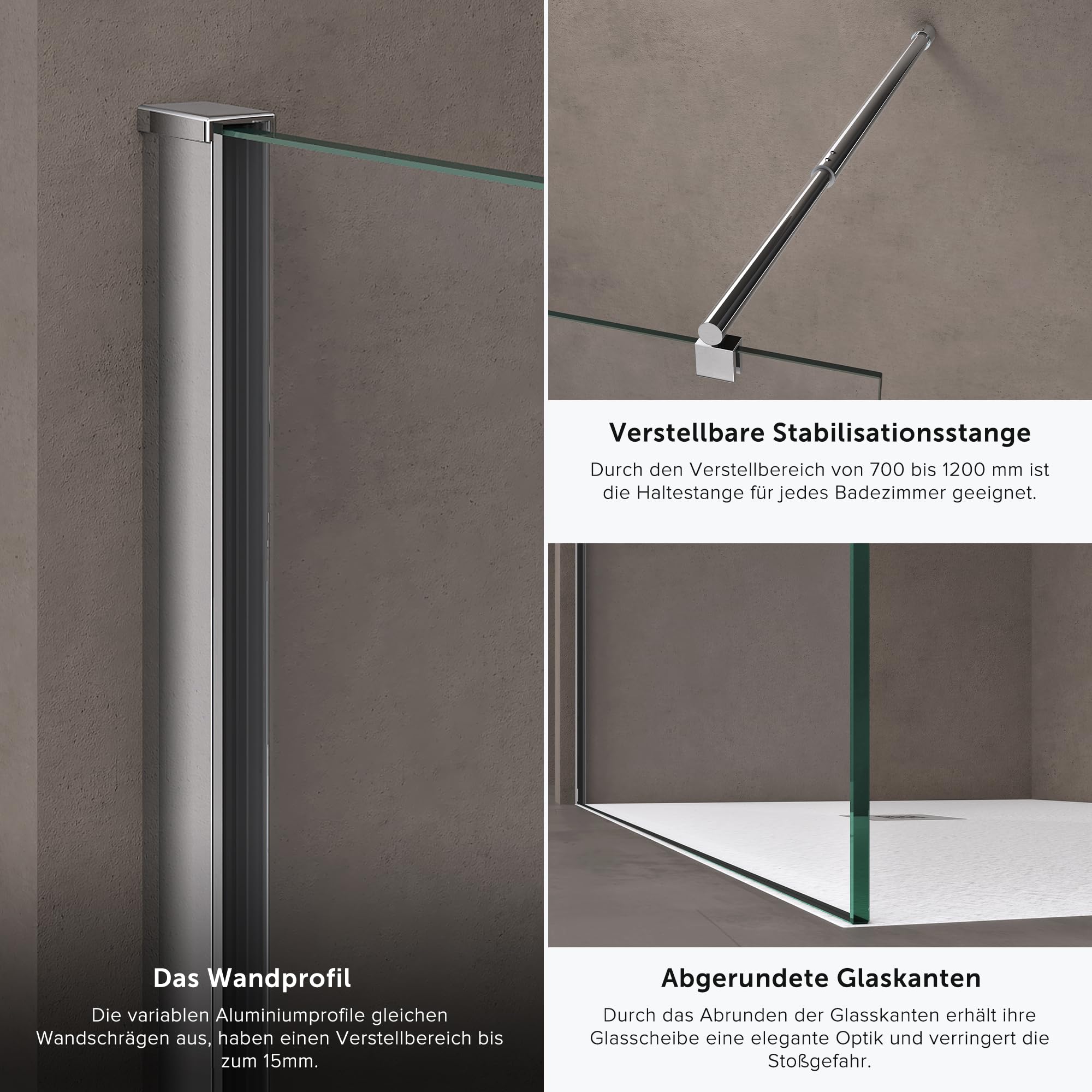 doporro Luxus Duschwand für Dusche Duschabtrennung 110x200cm Walk-In Dusche 10mm ESG-Sicherheitsglas Klarglas inkl. Nanobeschichtung Bremen02K