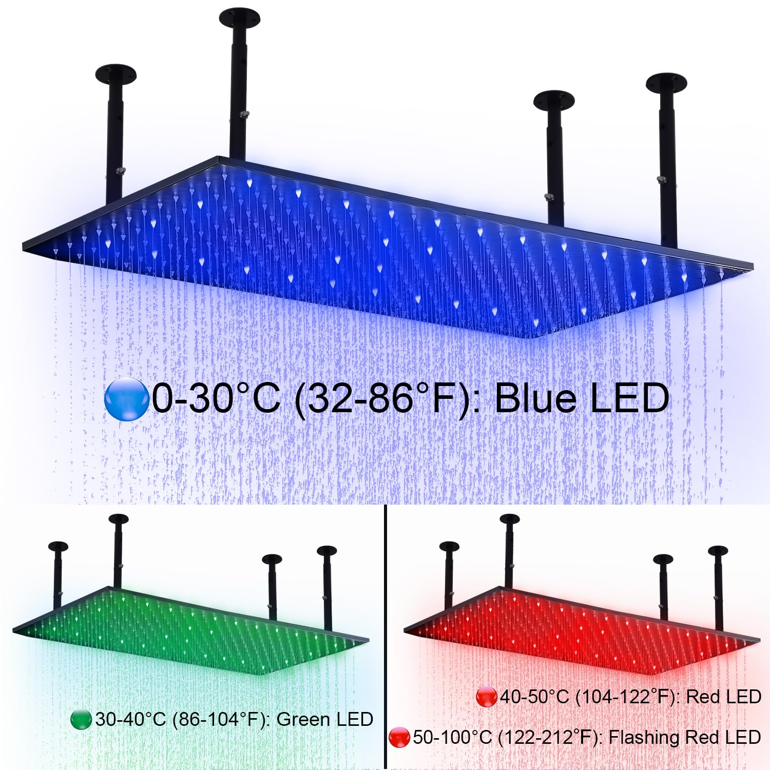 HOMEDEC Matte Black 20x40 inch LED Showerhead Stainless Steel Rectangle Rainfall Shower Head Ceiling Mount for Bathroom